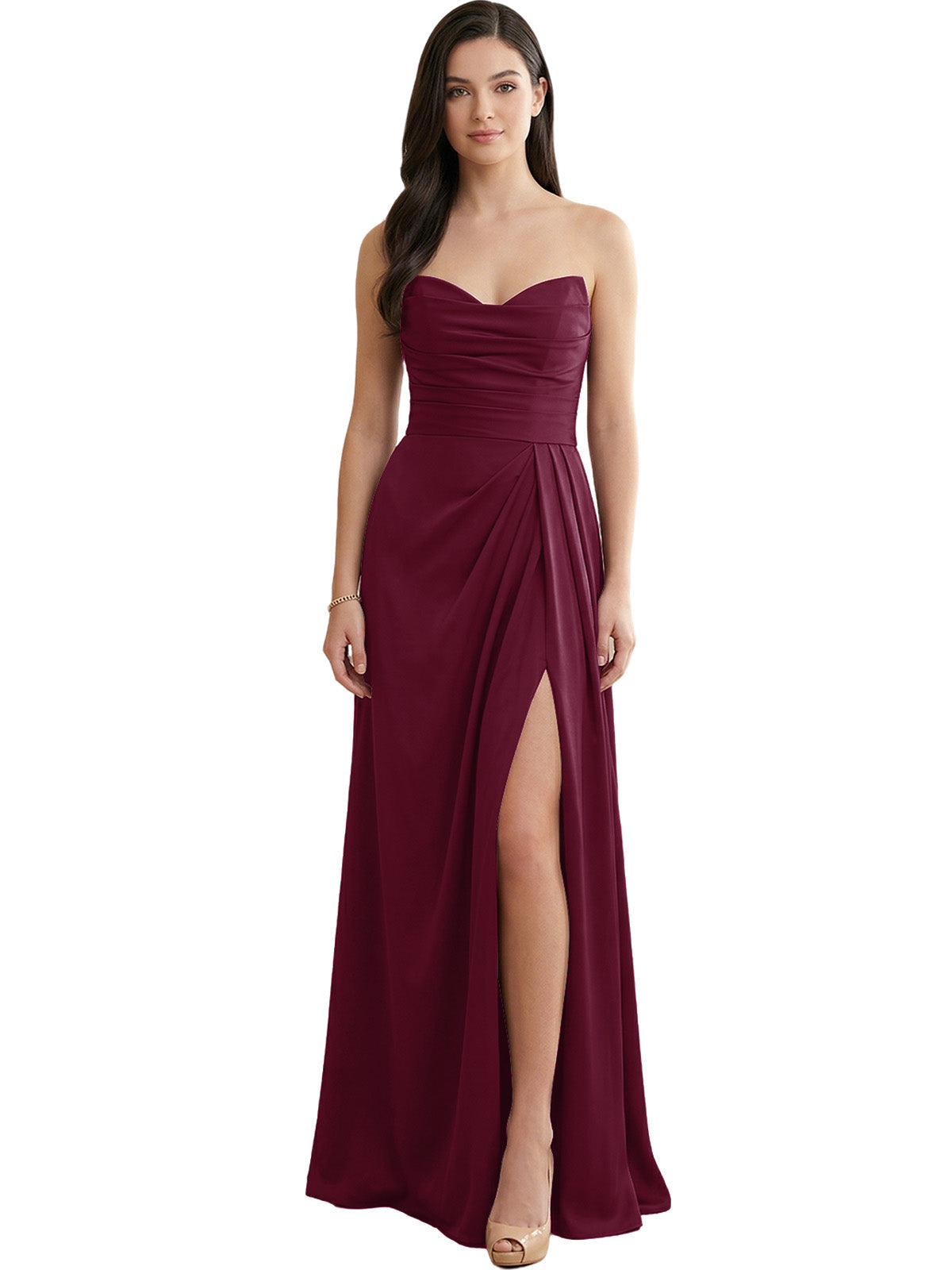 Strapless satin bridesmaid dress in deep burgundy with pleats and side slit
