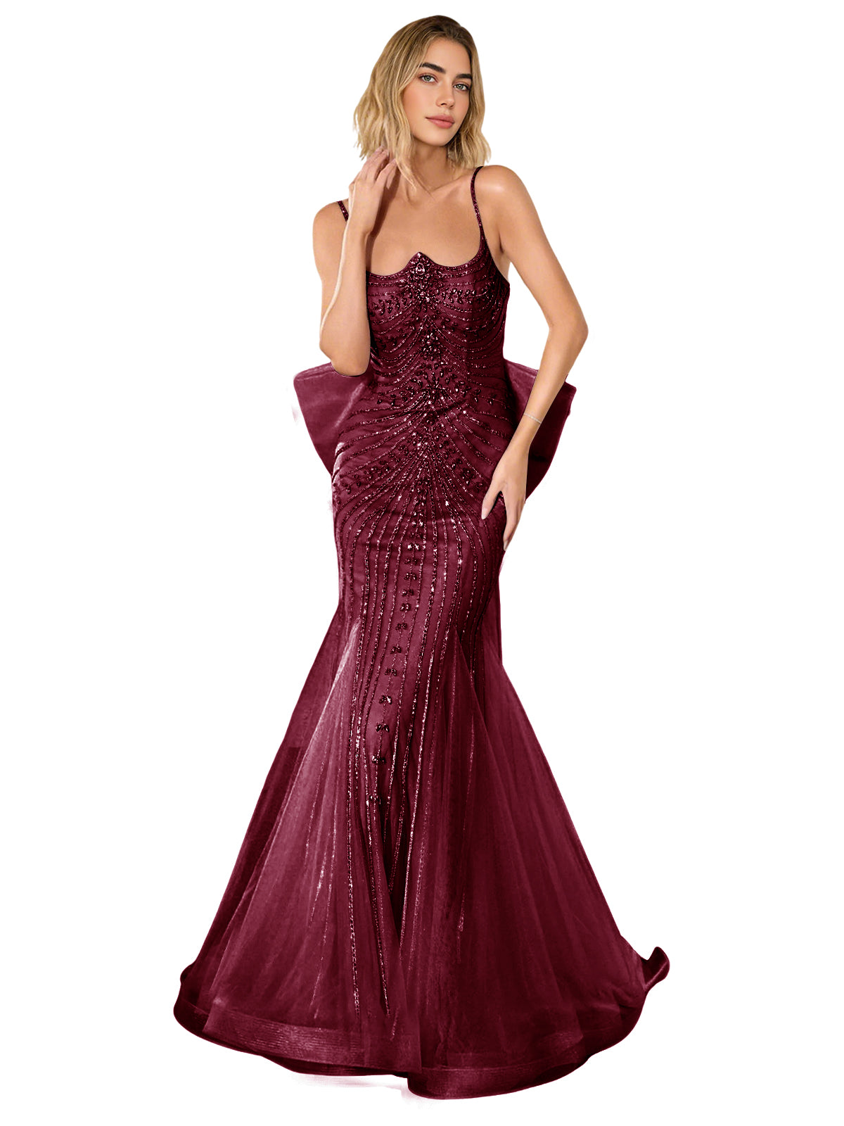 Lace corset-back trumpet prom dress, deep burgundy with glitter lace and sweep train