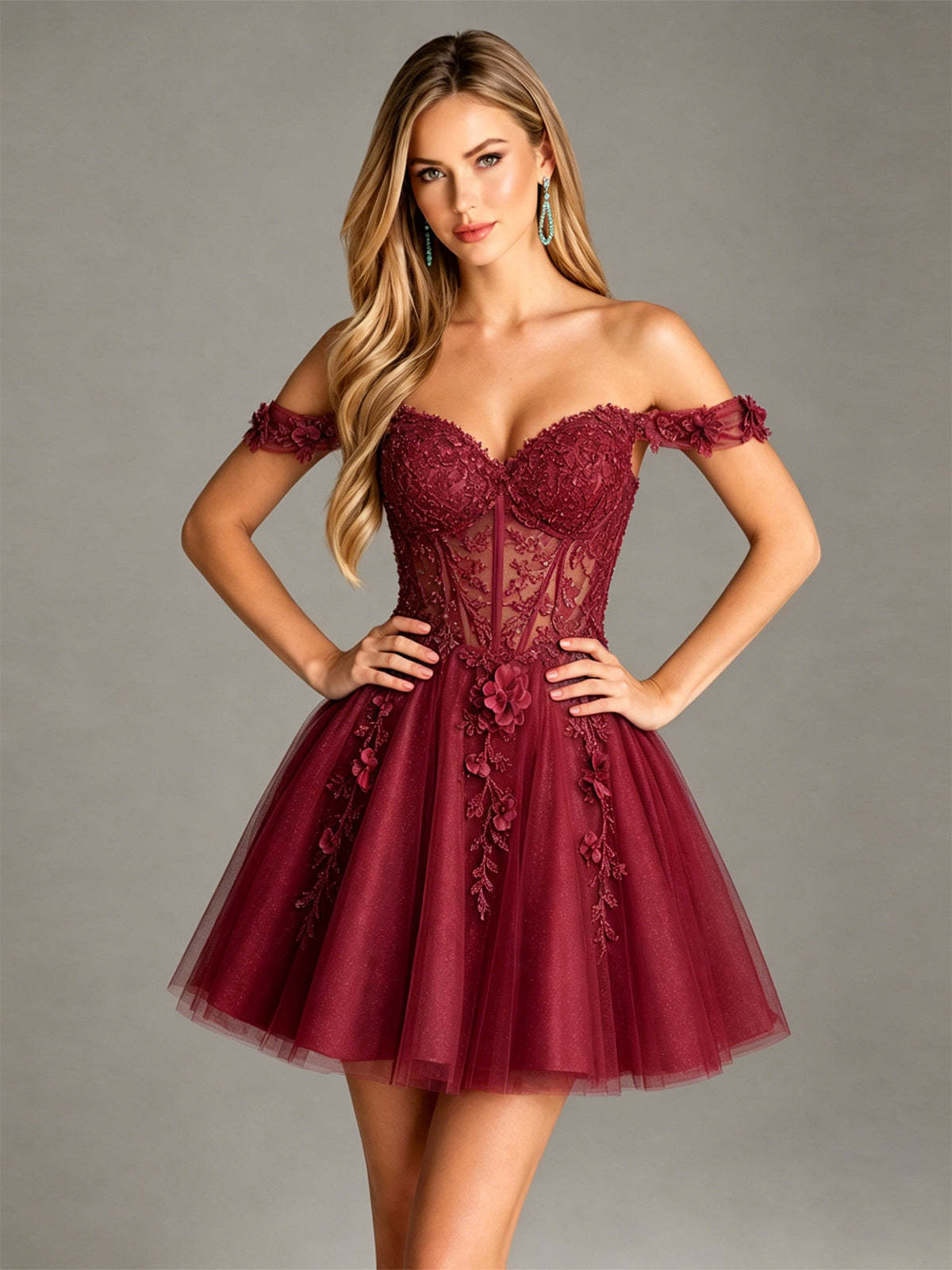 Burgundy off-shoulder corset tulle homecoming dress with glitter bodice and 3D floral appliques