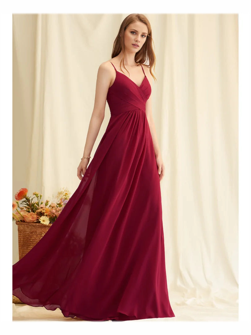 Ruched V-neck sleeveless A-line maxi chiffon dress, burgundy