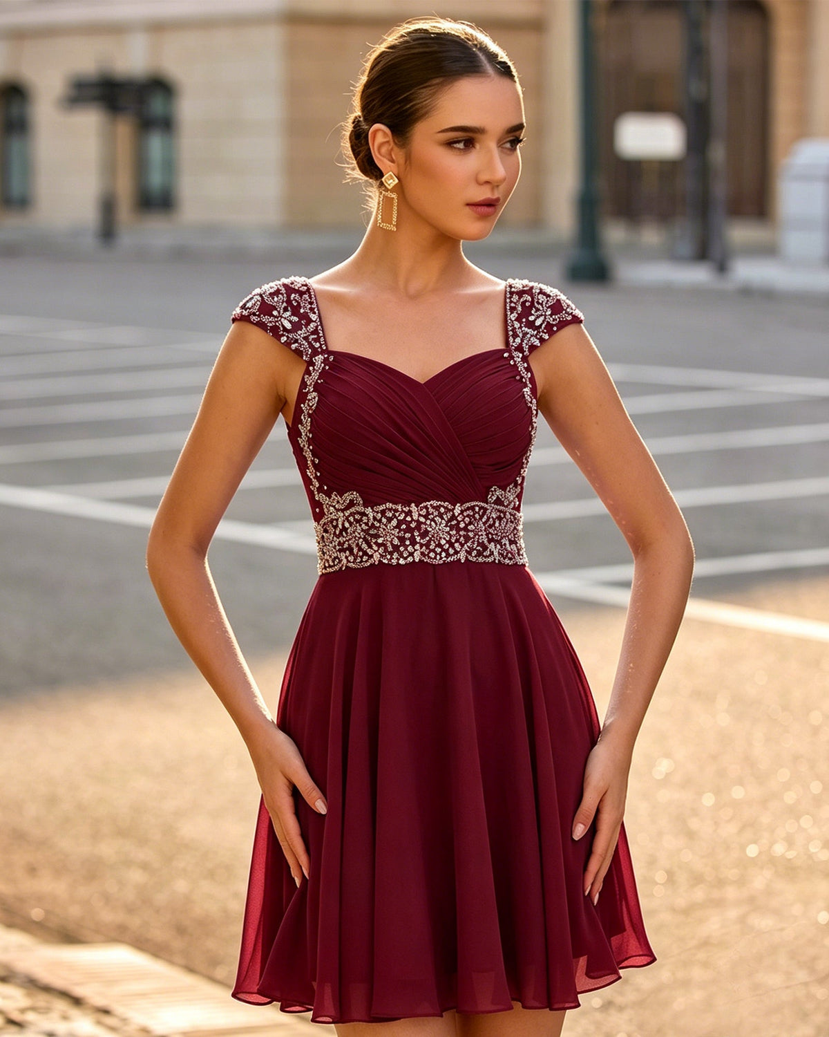 Burgundy ruched chiffon short dress with sweetheart neckline and beaded cap sleeves