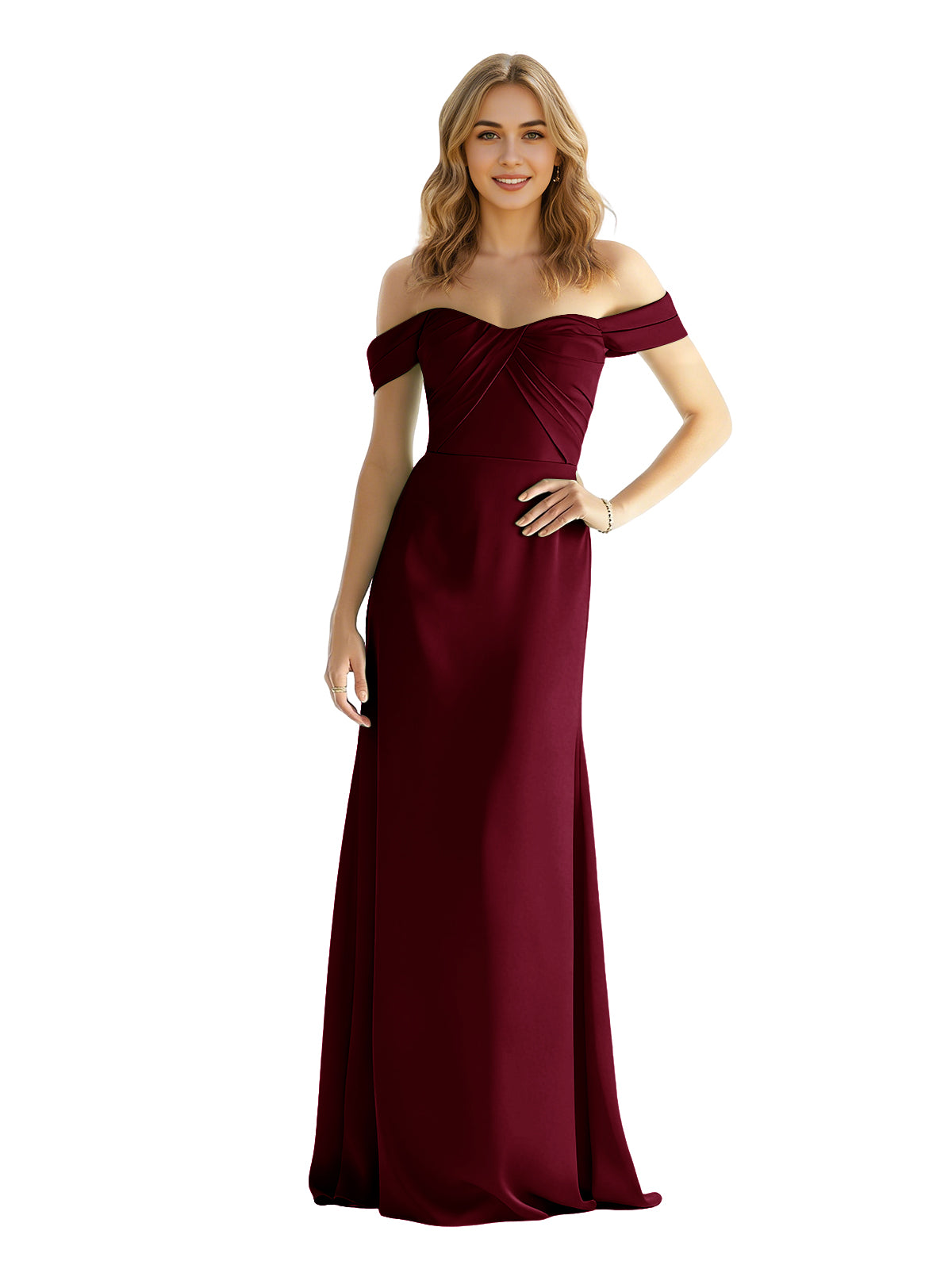 Burgundy satin off-shoulder bridesmaid dress with wrapped sweetheart bodice