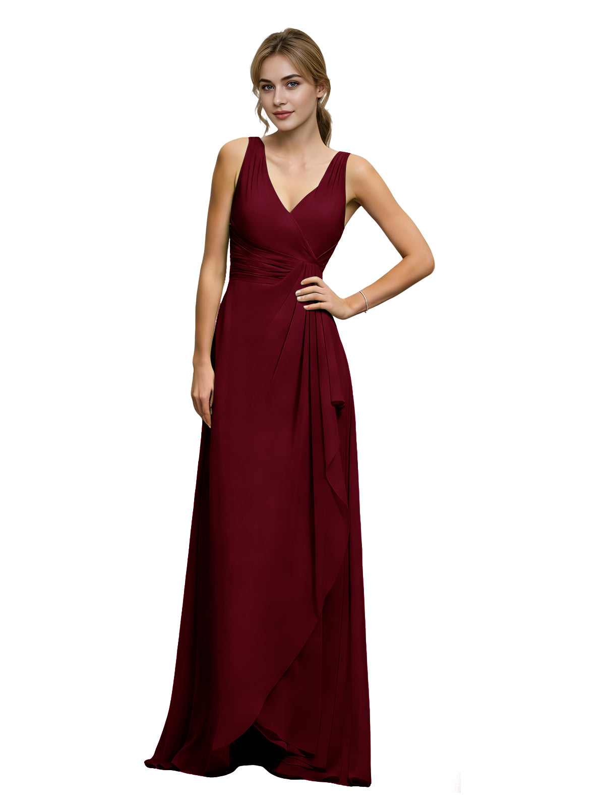Burgundy halter V-neck chiffon bridesmaid dress with draped sash waist