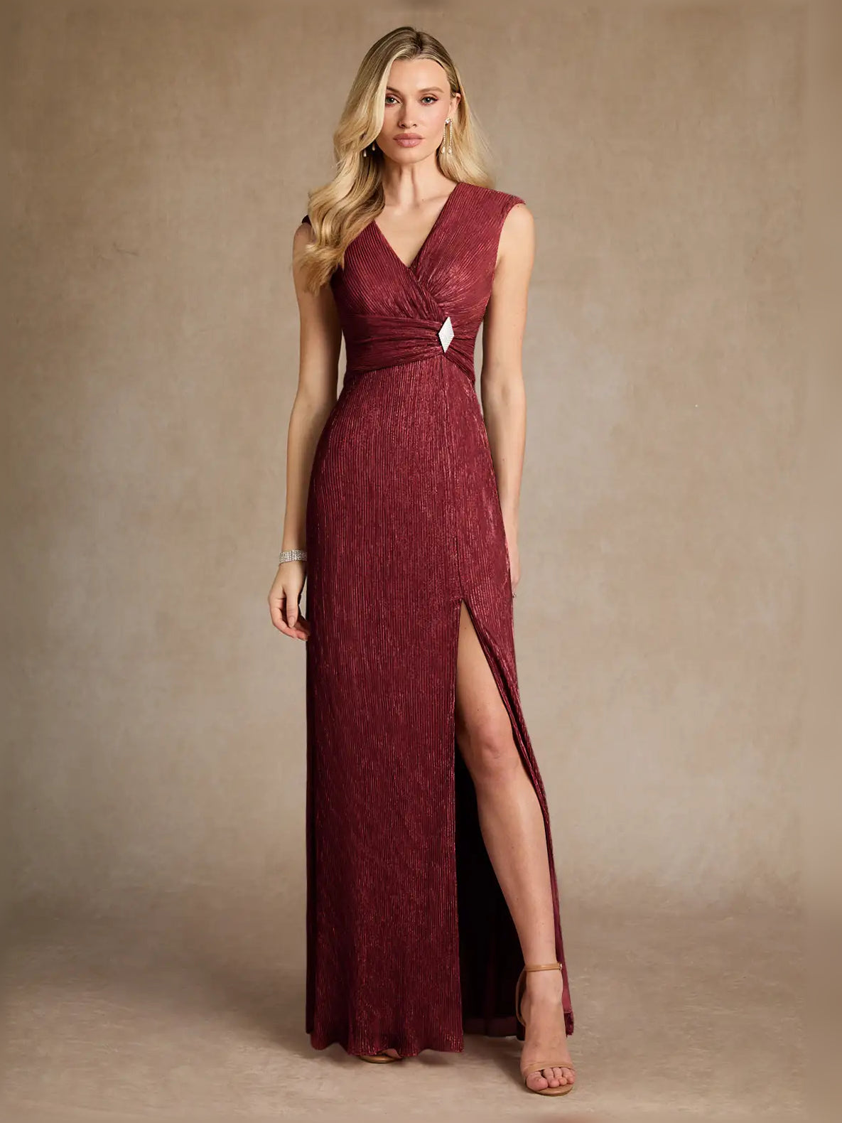 Burgundy sleeveless V-neck maxi sheath dress with ruched pleats and thigh-high slit