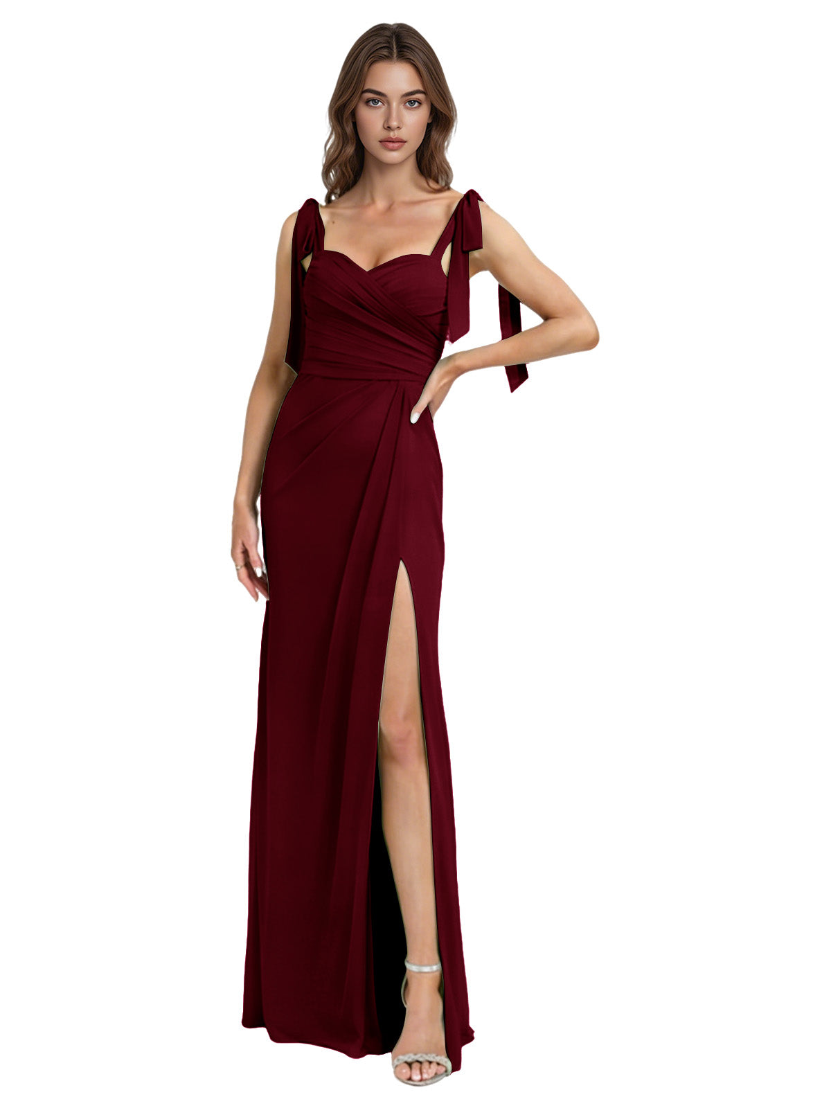 Burgundy chiffon bridesmaid dress with square neck, tie straps, and high slit