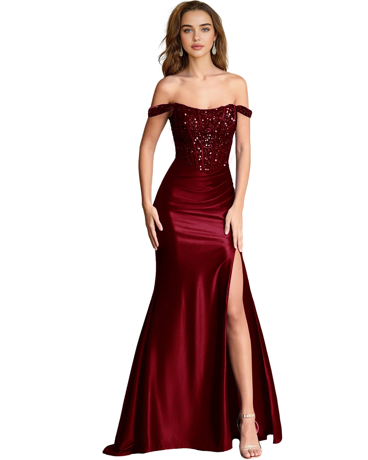Off-shoulder sequin satin mermaid dress, burgundy red, draped bodice and thigh slit