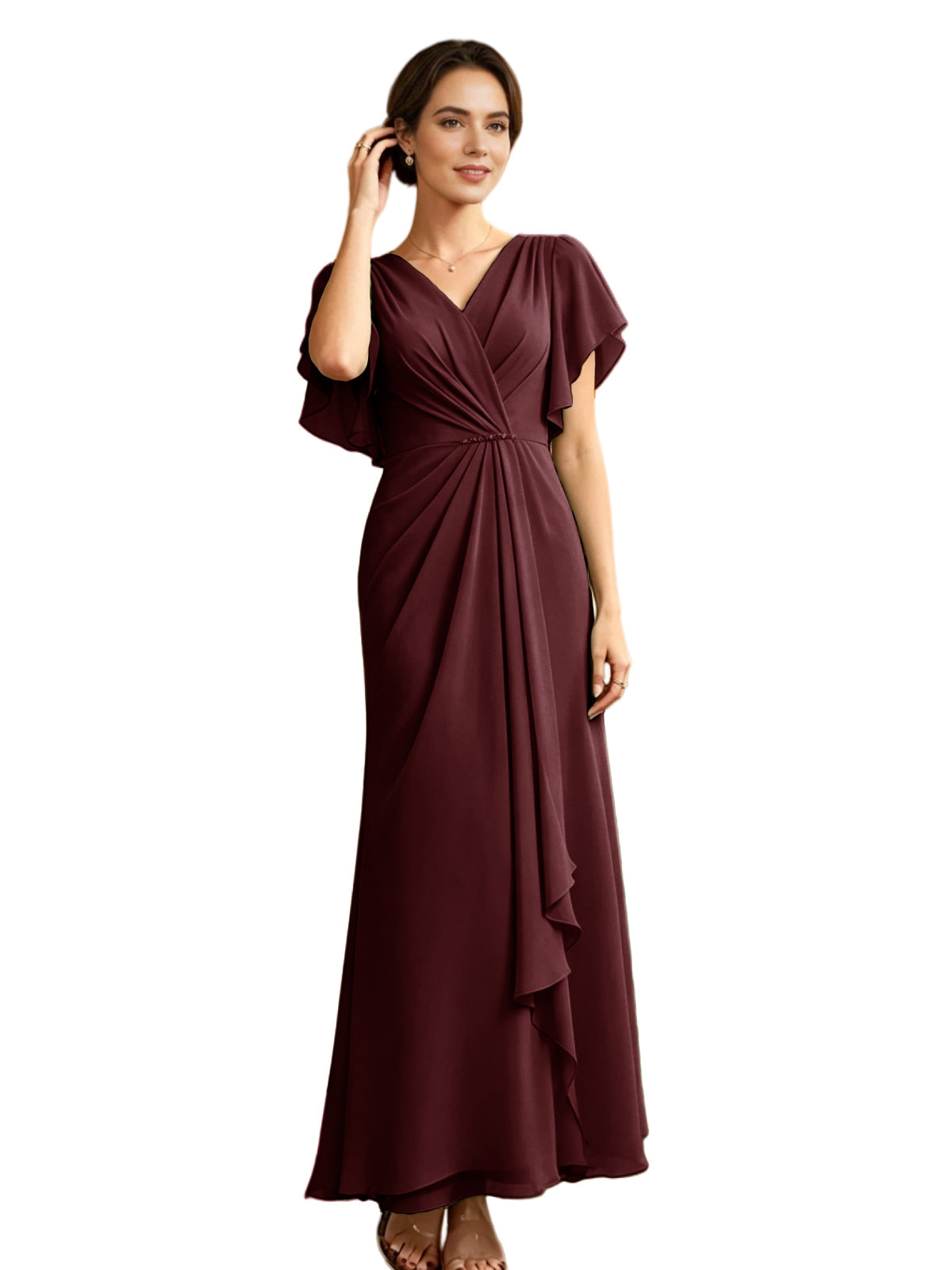 Burgundy V-neck chiffon mother-of-the-bride dress with flutter sleeves and draped A-line skirt
