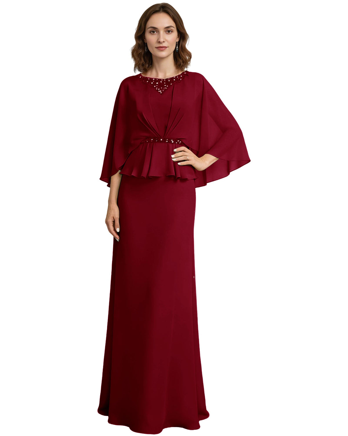 Burgundy long formal dress with beaded neckline, capelet sleeves, and peplum waist detail.