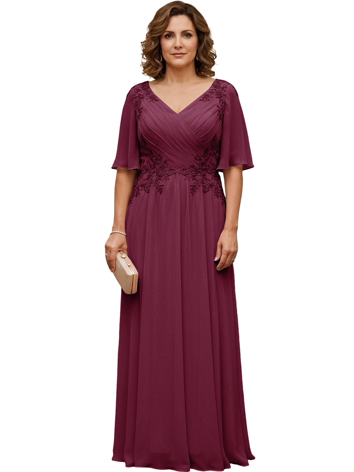 Women's long burgundy chiffon A-line gown with flutter sleeves and beaded lace detail