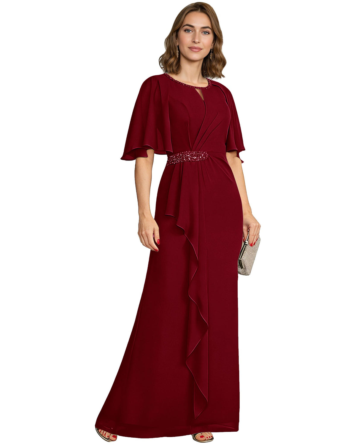 Burgundy chiffon A-line formal gown with flutter sleeves and beaded waist detail.