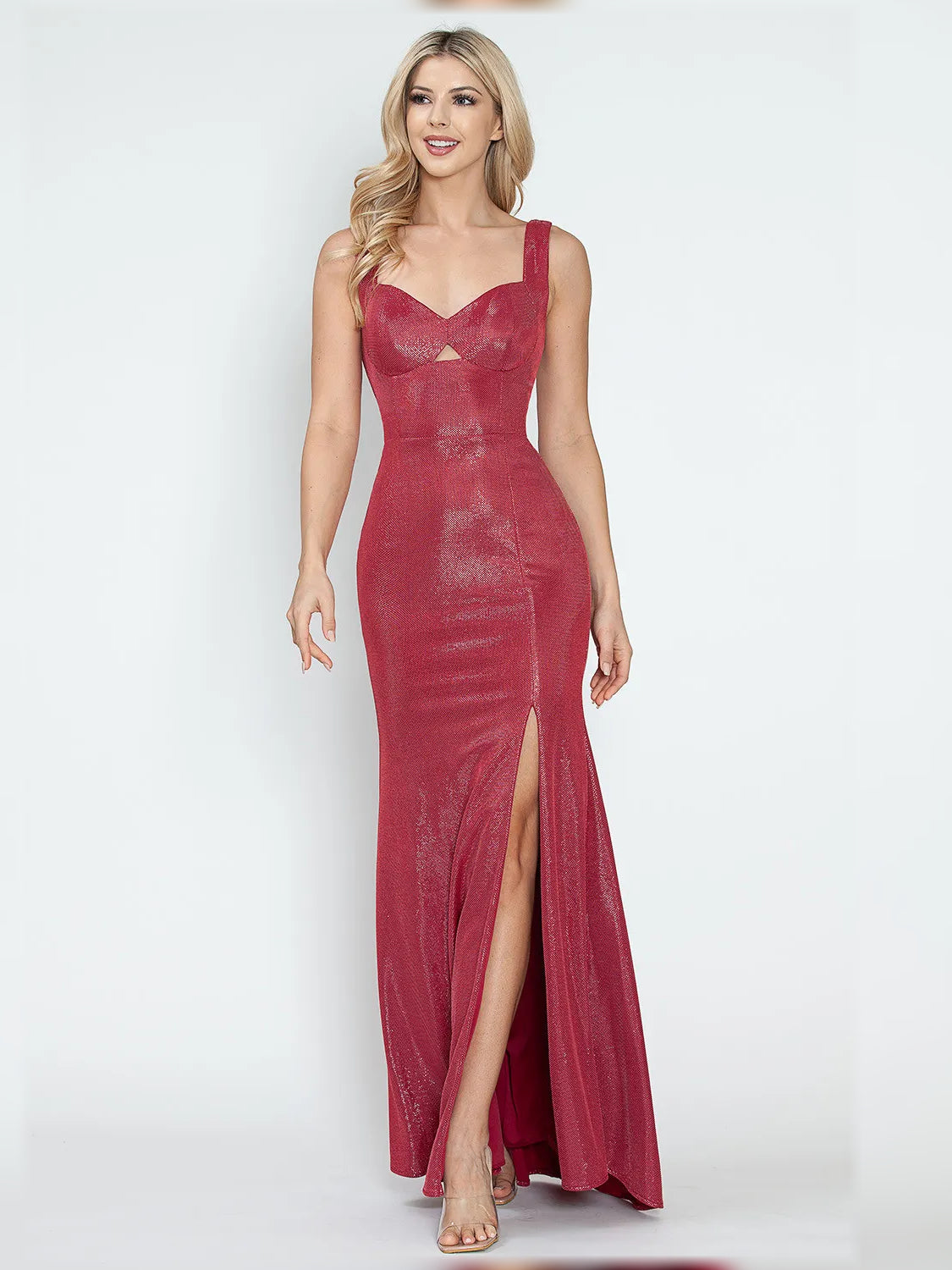 Cherry red sweetheart formal dress with chest cutout and front slit, sleeveless, floor-length