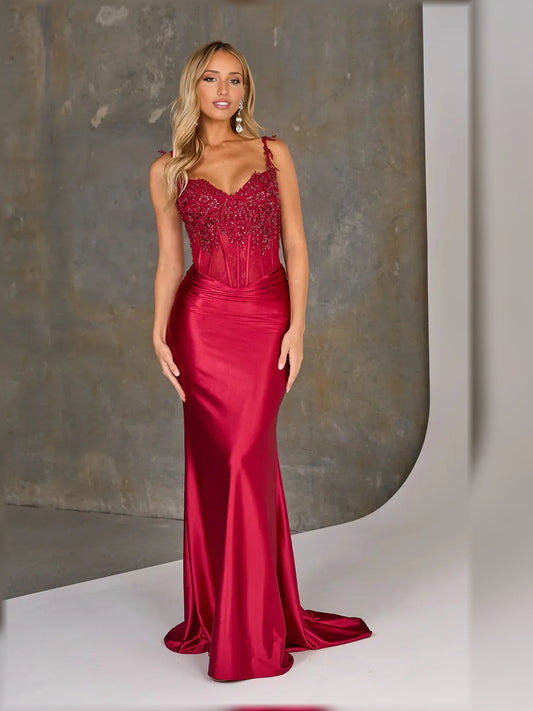 Crimson red floor-length corset formal dress with spaghetti straps and pleated satin skirt