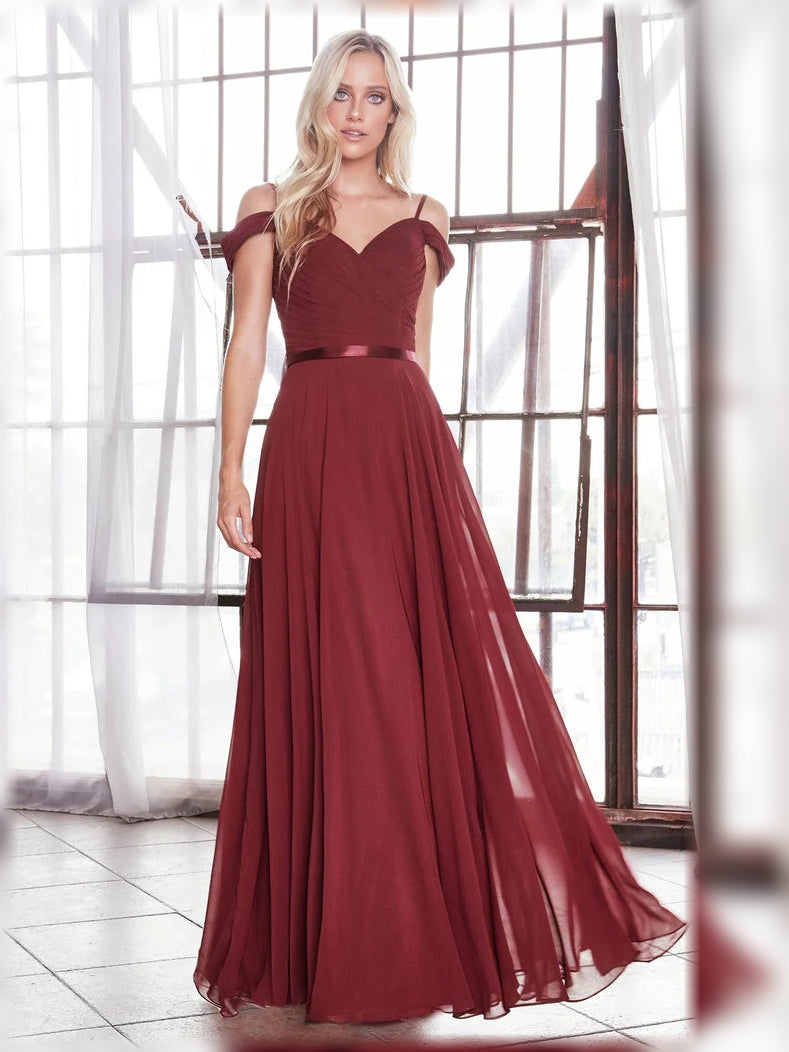 Crimson ruched sweetheart A-line chiffon dress, off-shoulder neckline, floor length