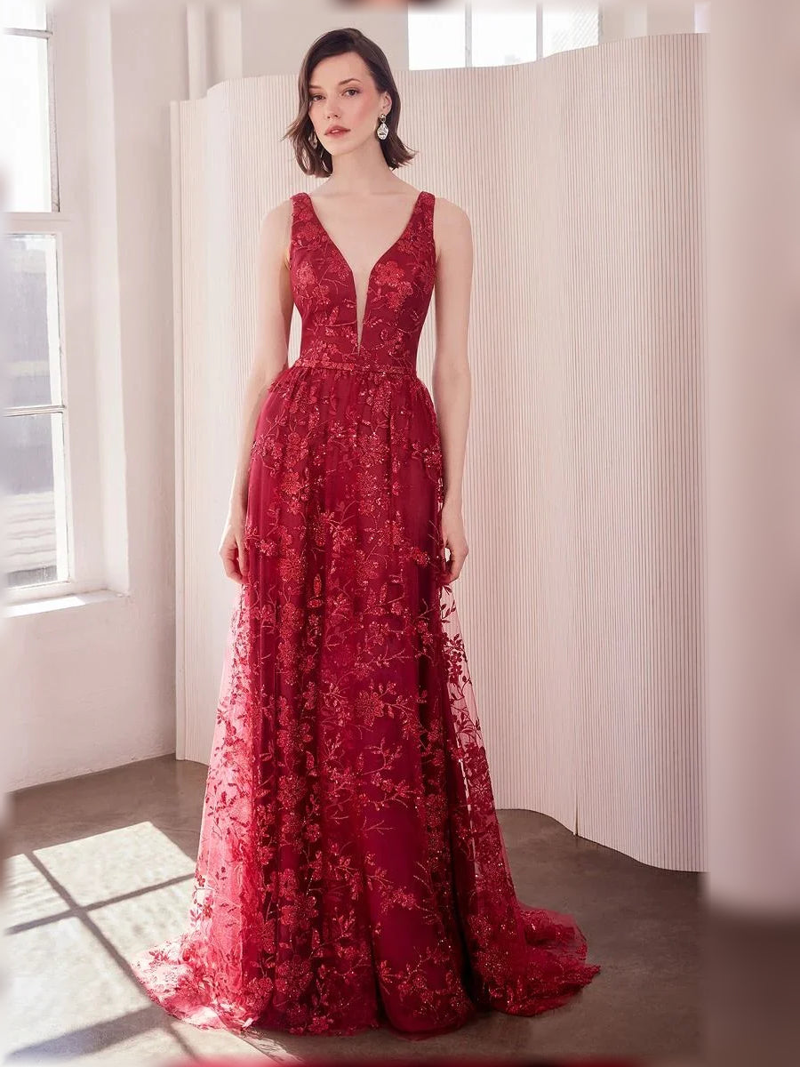 Deep red floral print V-neck A-line formal dress, sleeveless, floor-length