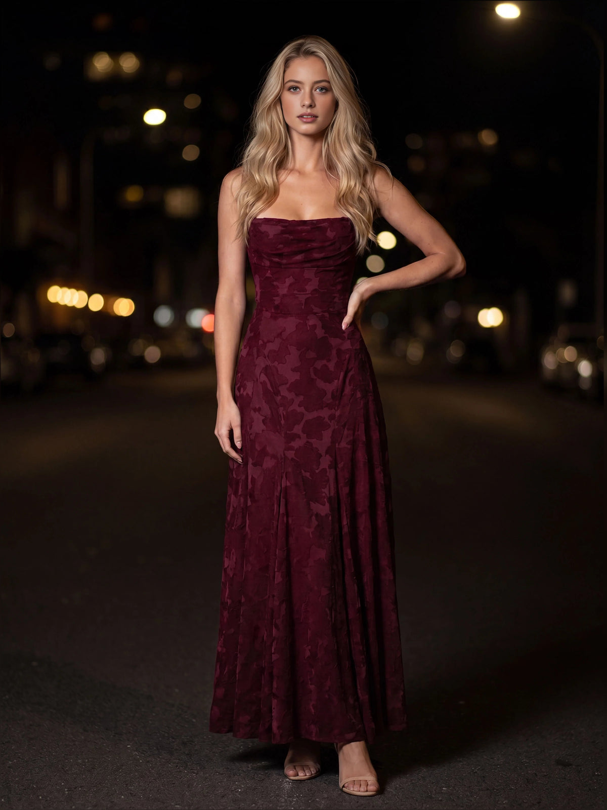 Floral straight-neck A-line maxi dress, deep red, front view with straps