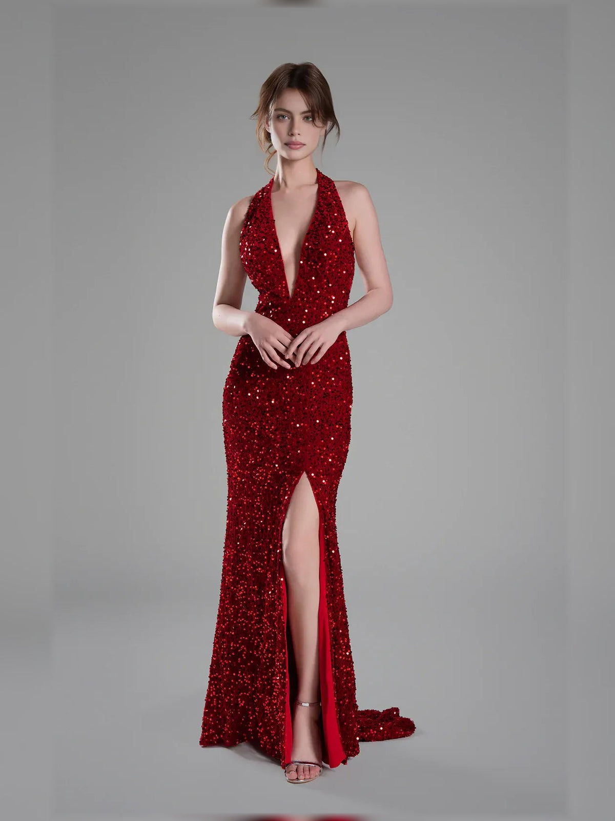 Deep red halter neck mermaid formal dress with front thigh slit and floor length