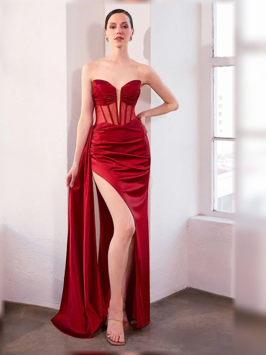 Strapless corset formal dress, deep red satin with sweetheart neckline and high slit