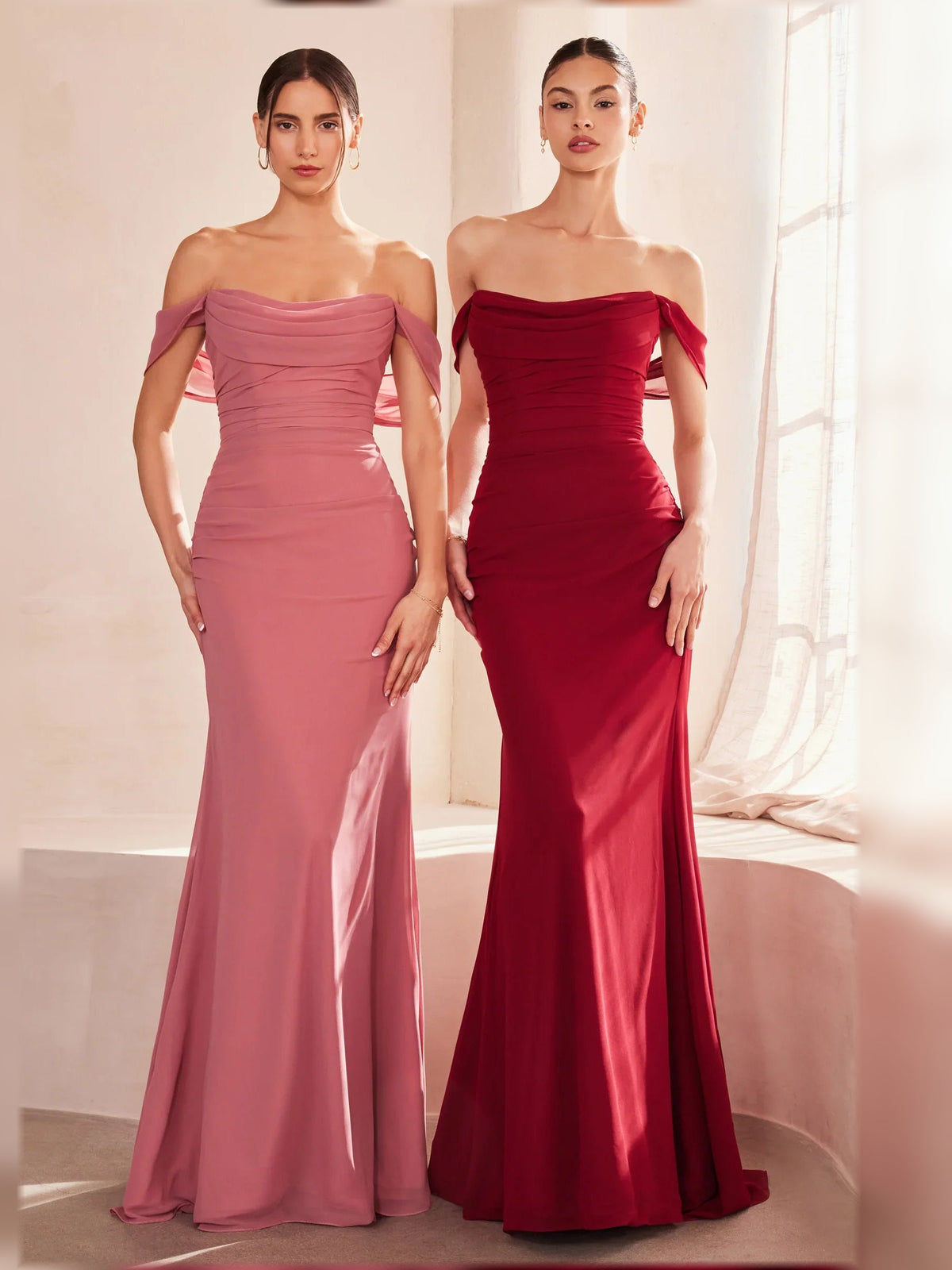 Dusty rose and deep red off-the-shoulder ruched floor-length formal gowns, mermaid fit