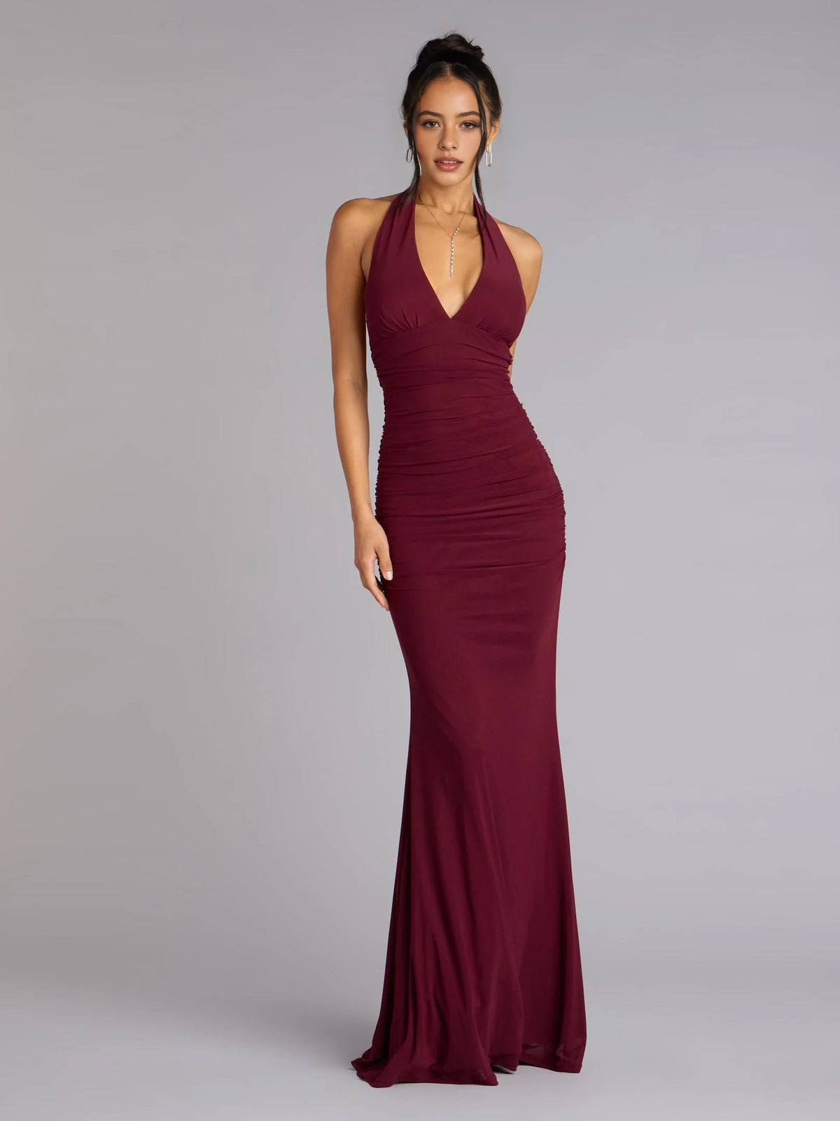 Deep red ruched corset V-neck mermaid floor-length jersey dress with sleeveless bodice
