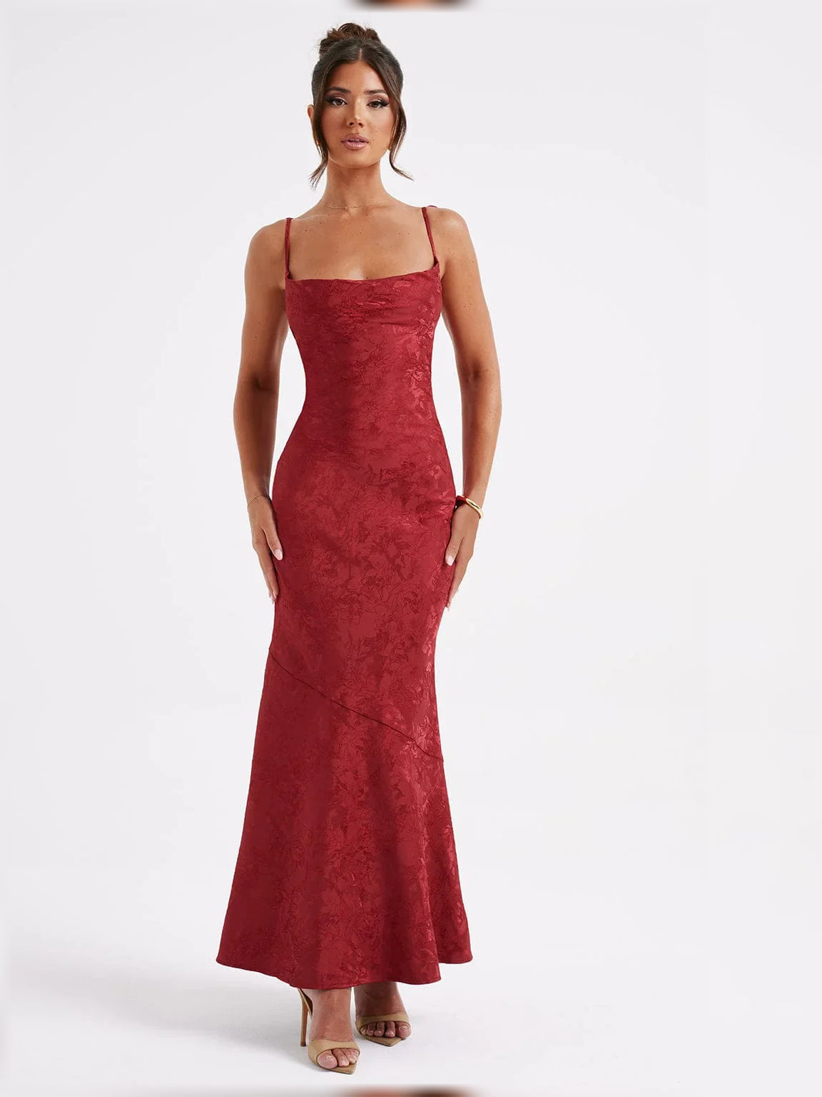 Deep red floral formal dress with spaghetti straps and straight neckline, floor-length