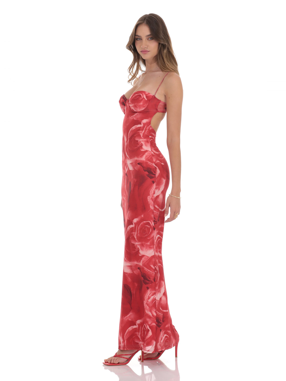 Red rose-print mesh maxi dress with spaghetti straps and sweetheart bodice