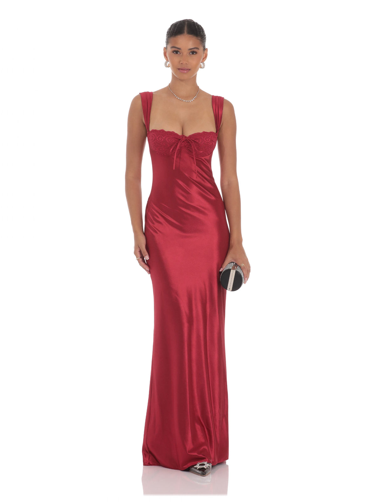 Red satin A-line maxi bridesmaid dress with thin straps and ruched skirt
