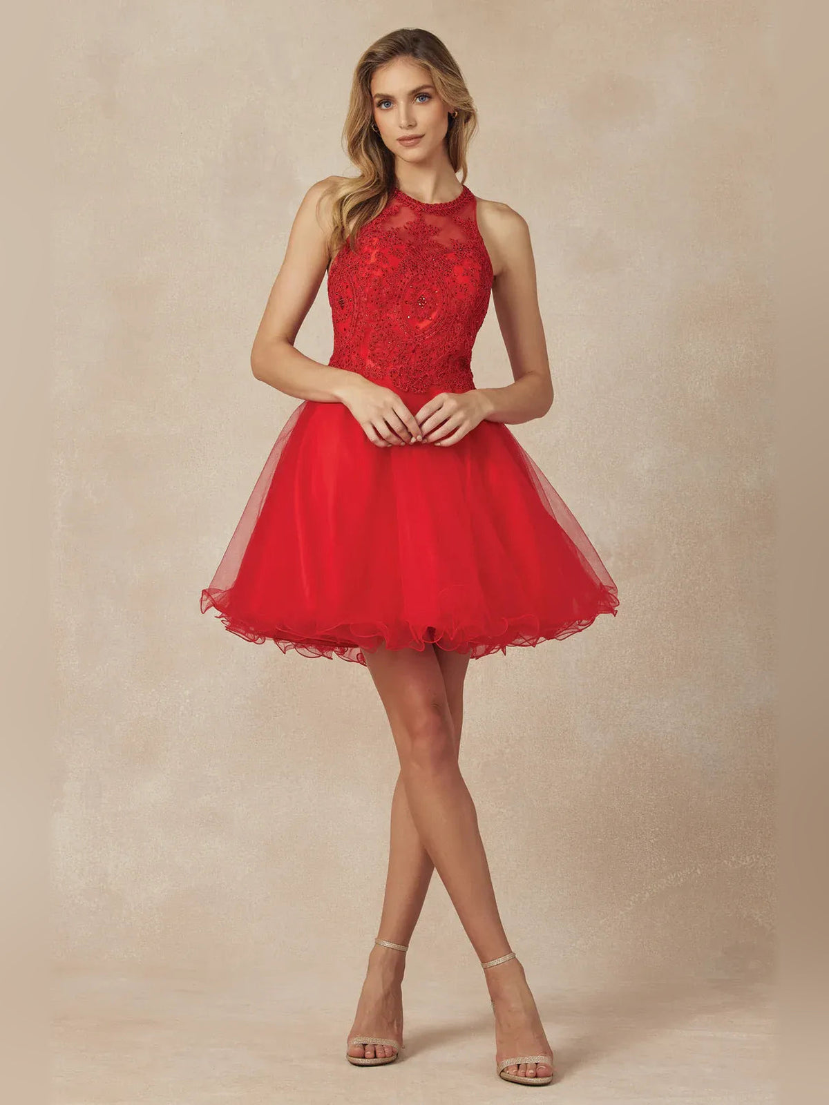 Red beaded halter short tulle A-line homecoming dress with fitted sleeveless bodice