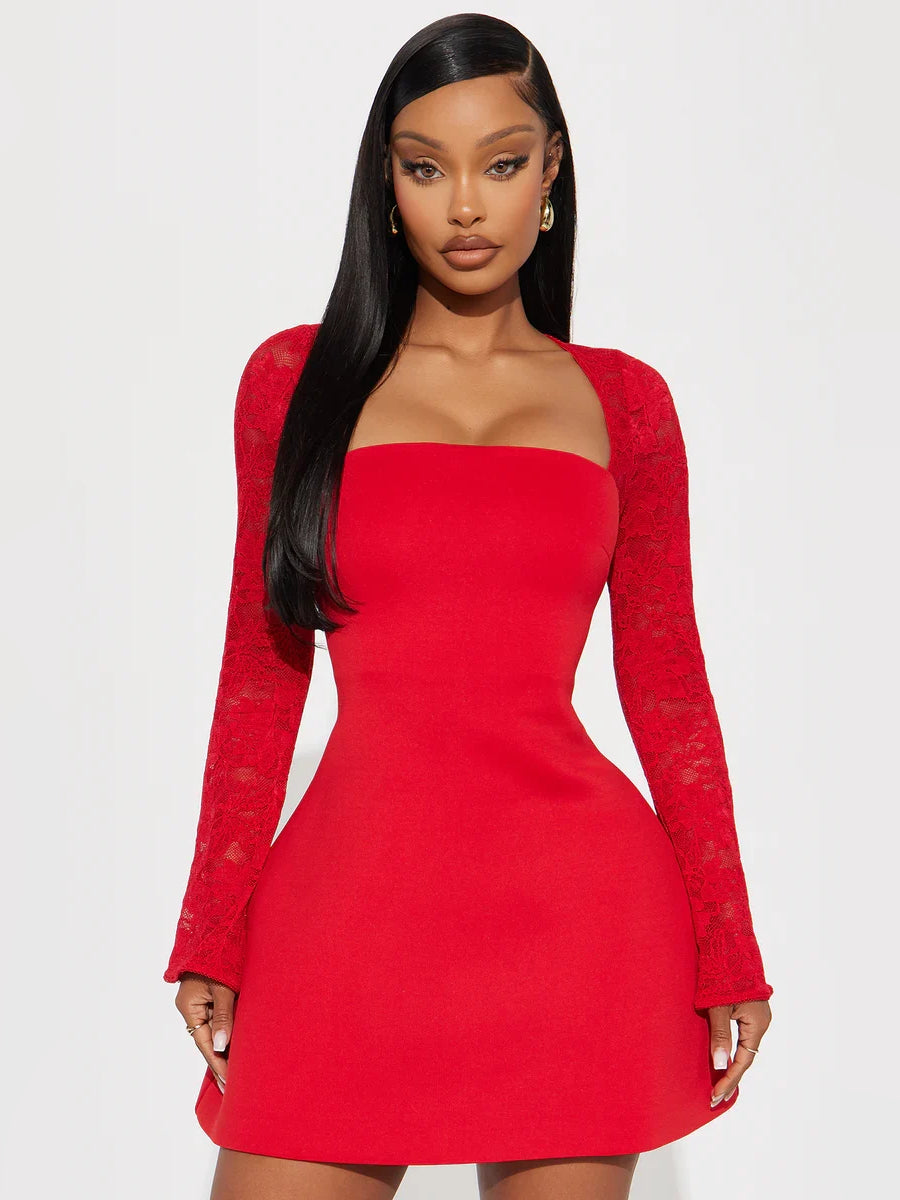 Red square-neck bodycon mini dress with long sleeves