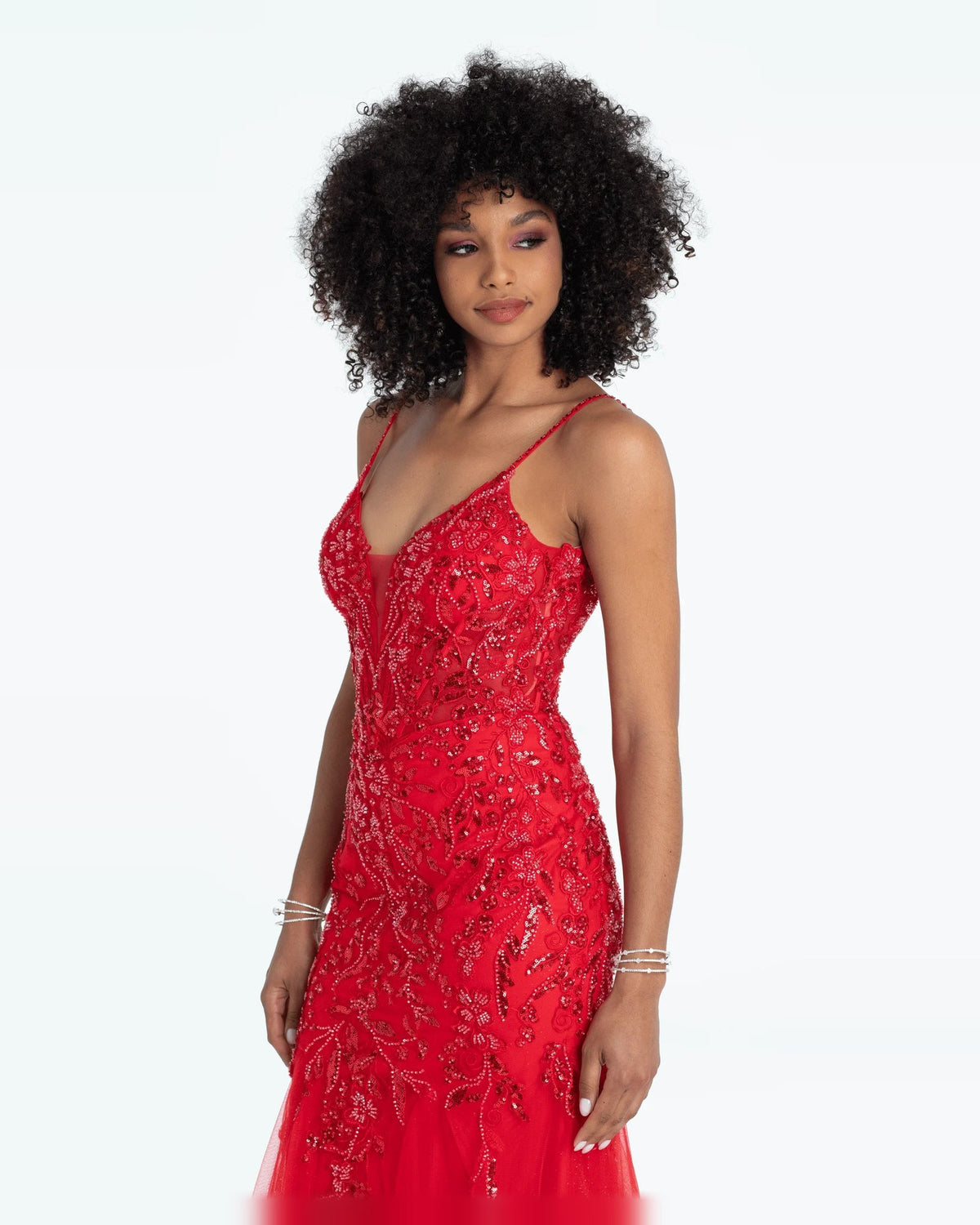 Red beaded corset mermaid formal dress with plunging neckline and floor-length skirt