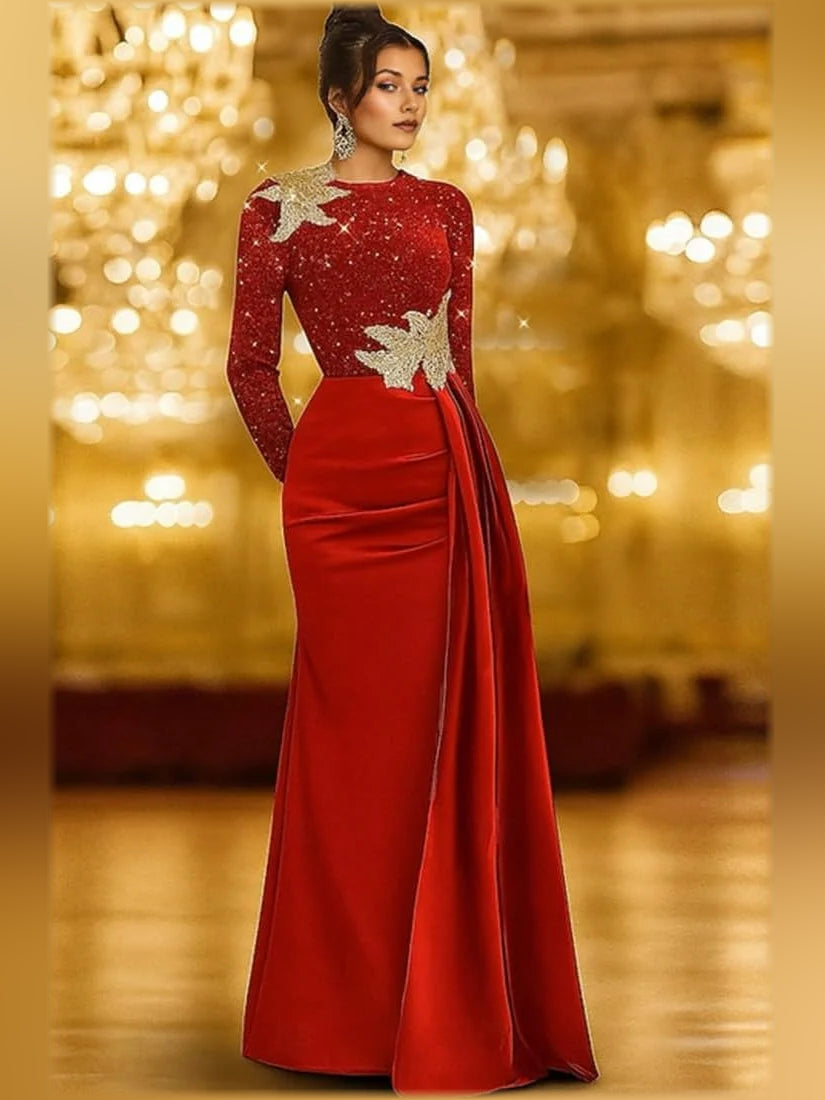 Red floor-length mermaid satin formal dress with long sleeves and gold star appliques