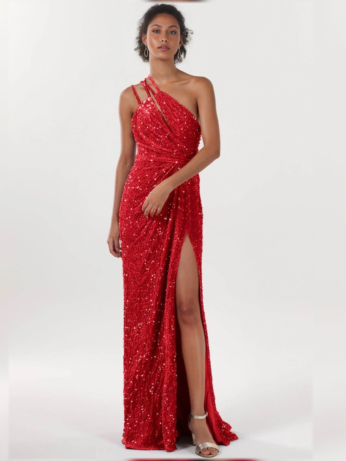 Glitter red one-shoulder formal sheath dress with ruching and high slit