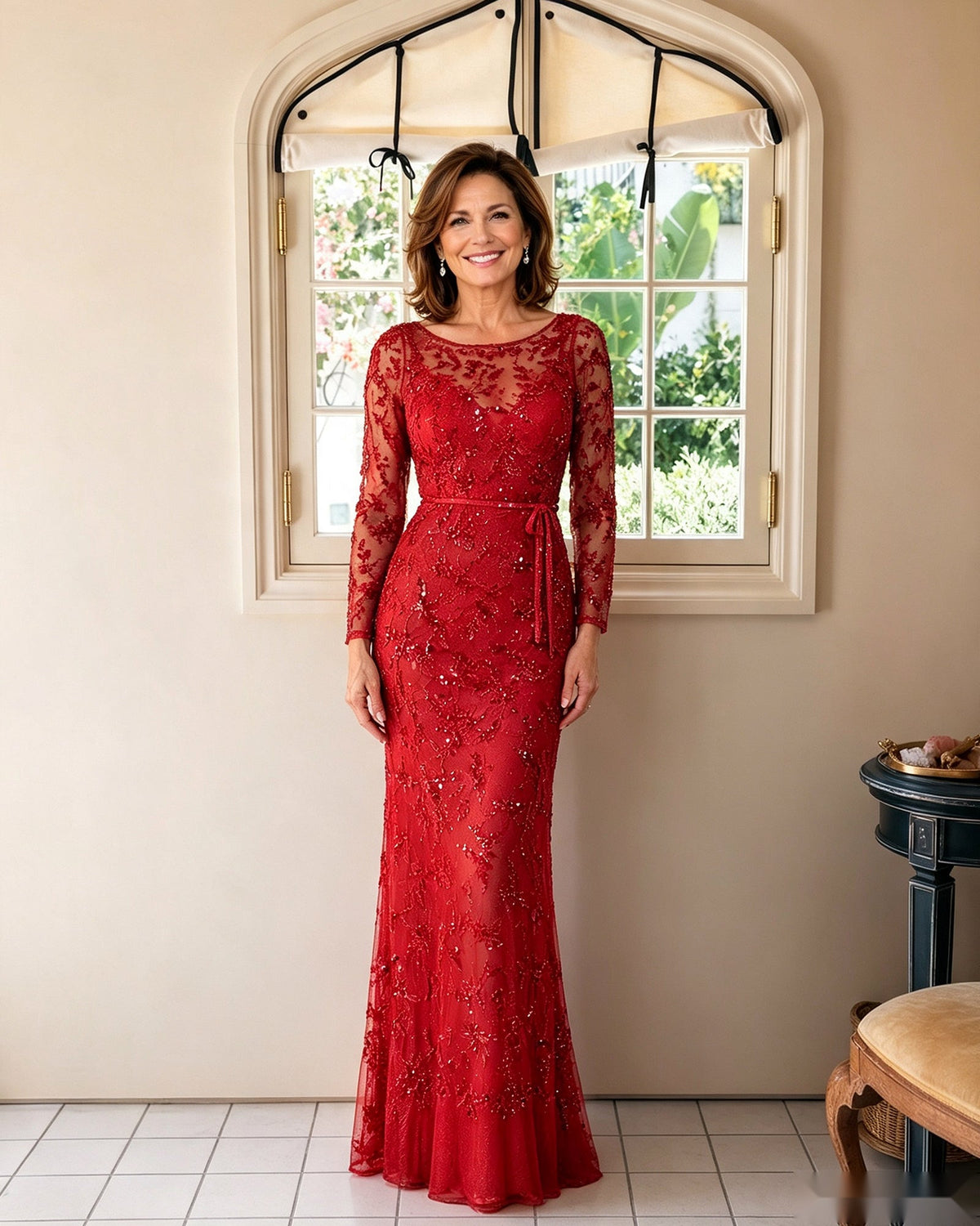 Illusion lace long-sleeve sheath mother-of-the-bride dress, red with fitted silhouette