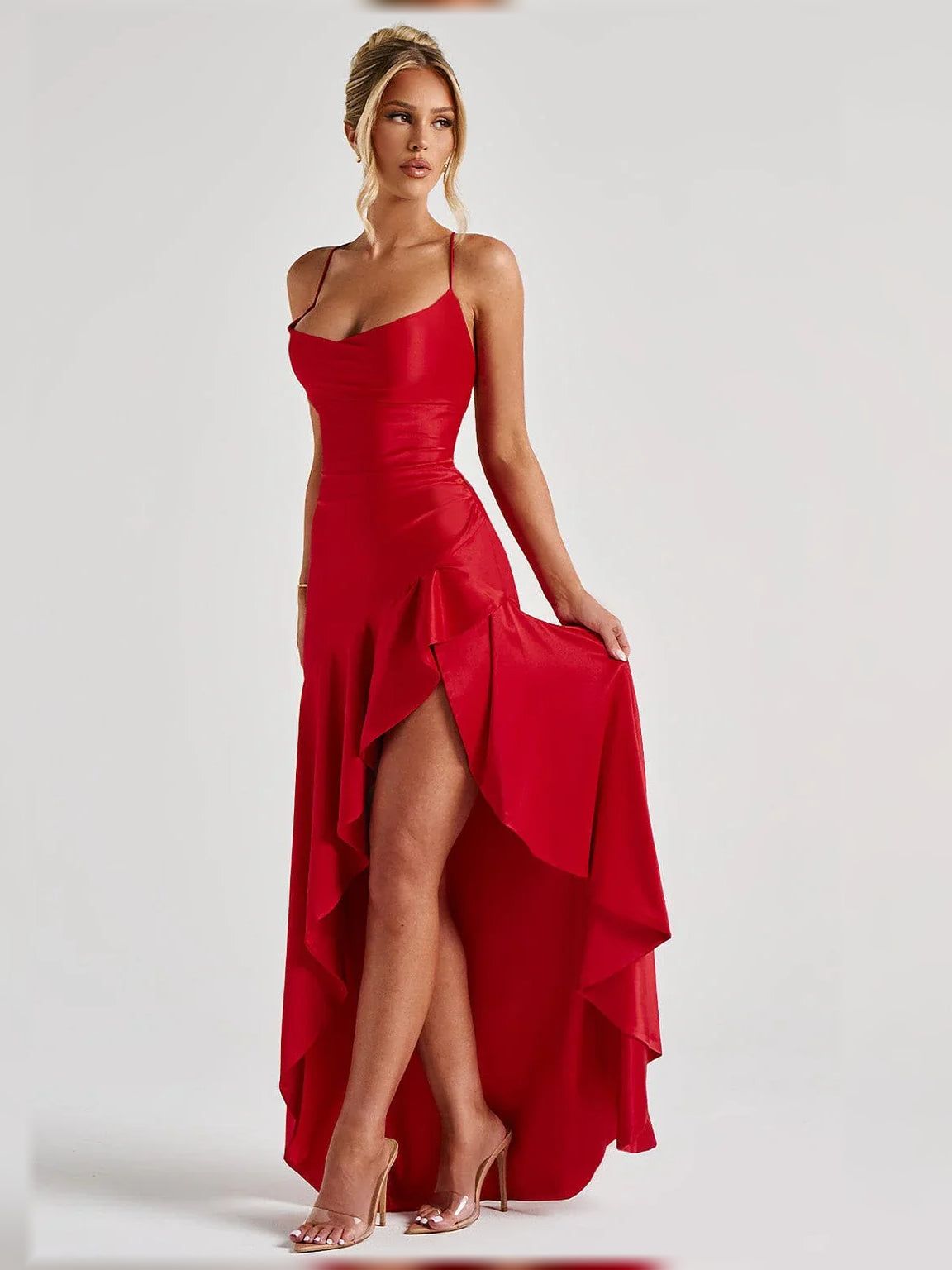 Floor-length formal sheath dress, red cowl neckline, spaghetti straps, side slit drape