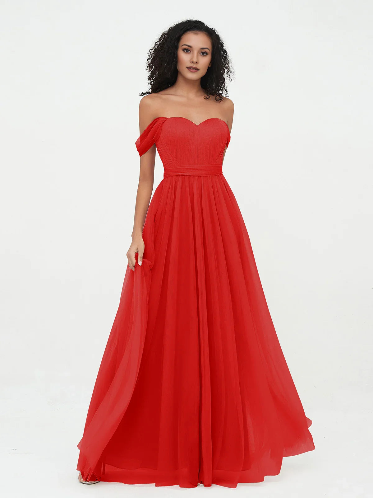 Red tulle A-line dress with sweetheart neckline and pleated flowing skirt