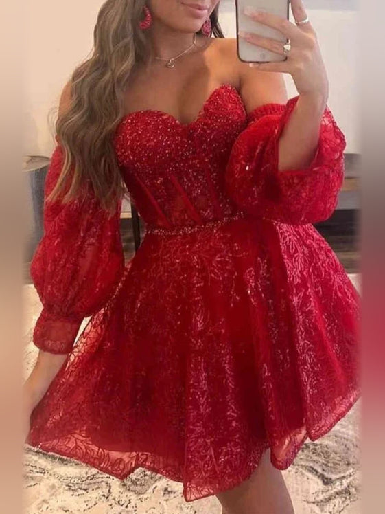Red mini homecoming dress with corset bodice, sweetheart neckline, off-shoulder lace