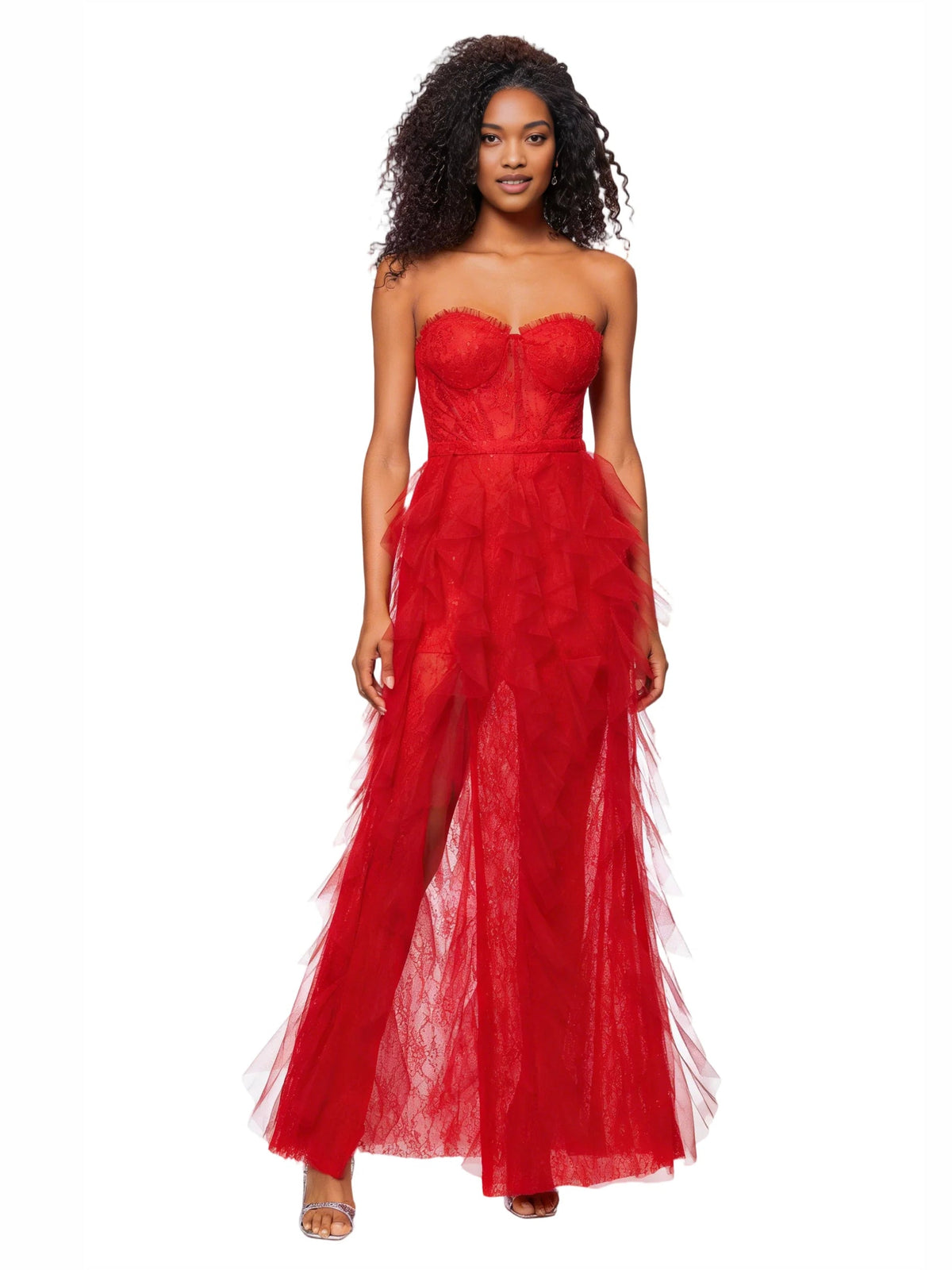 Red strapless corset formal dress with tulle ruffle slit, floor-length