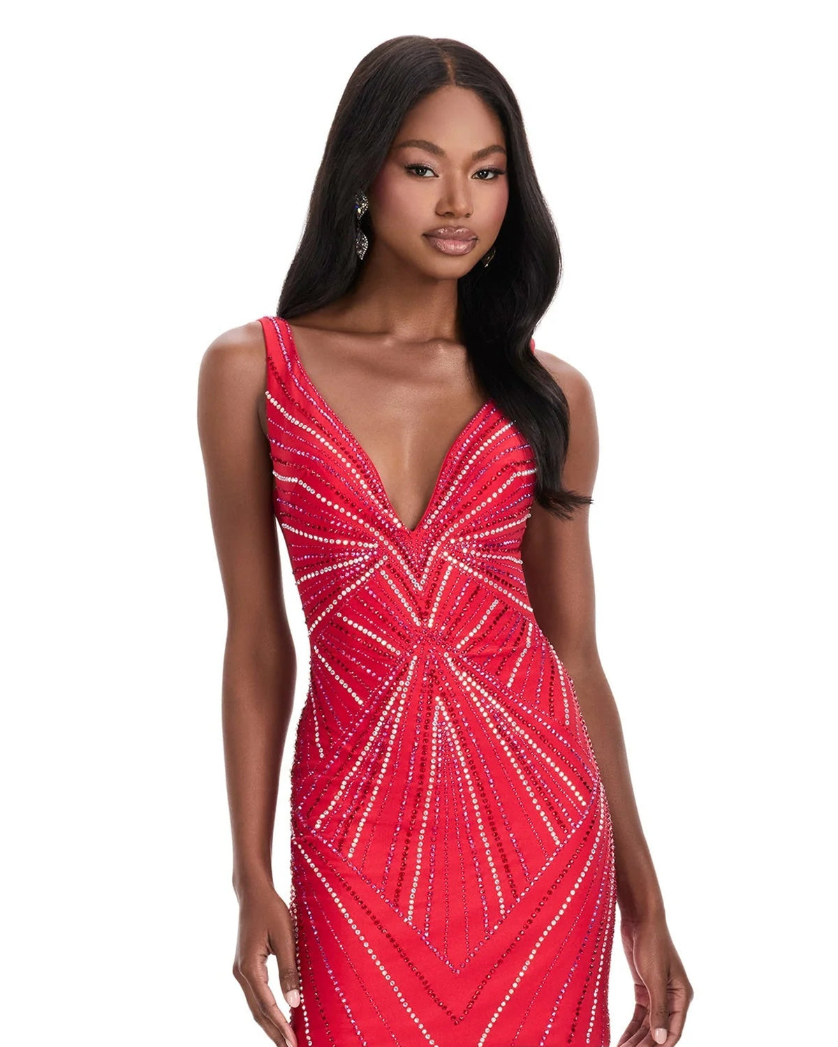 Beaded V-neck bodycon mini dress, sleeveless, red sequin sparkle design