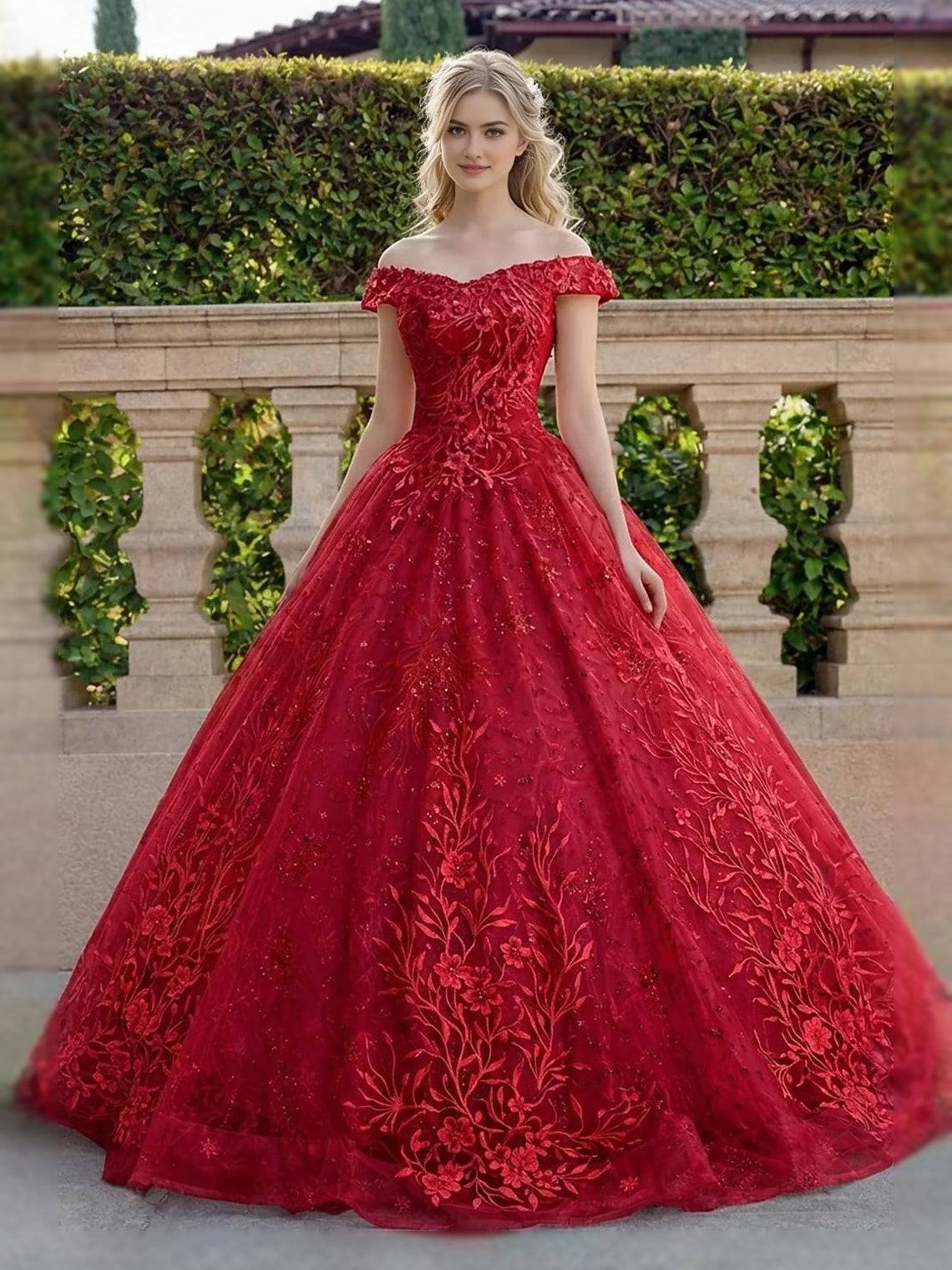 Deep red off-shoulder embroidered tulle ball gown with full, floor-length skirt