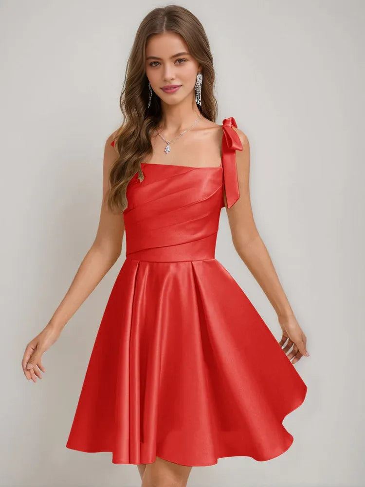 Red satin corset square-neck A-line short dress with side bow strap