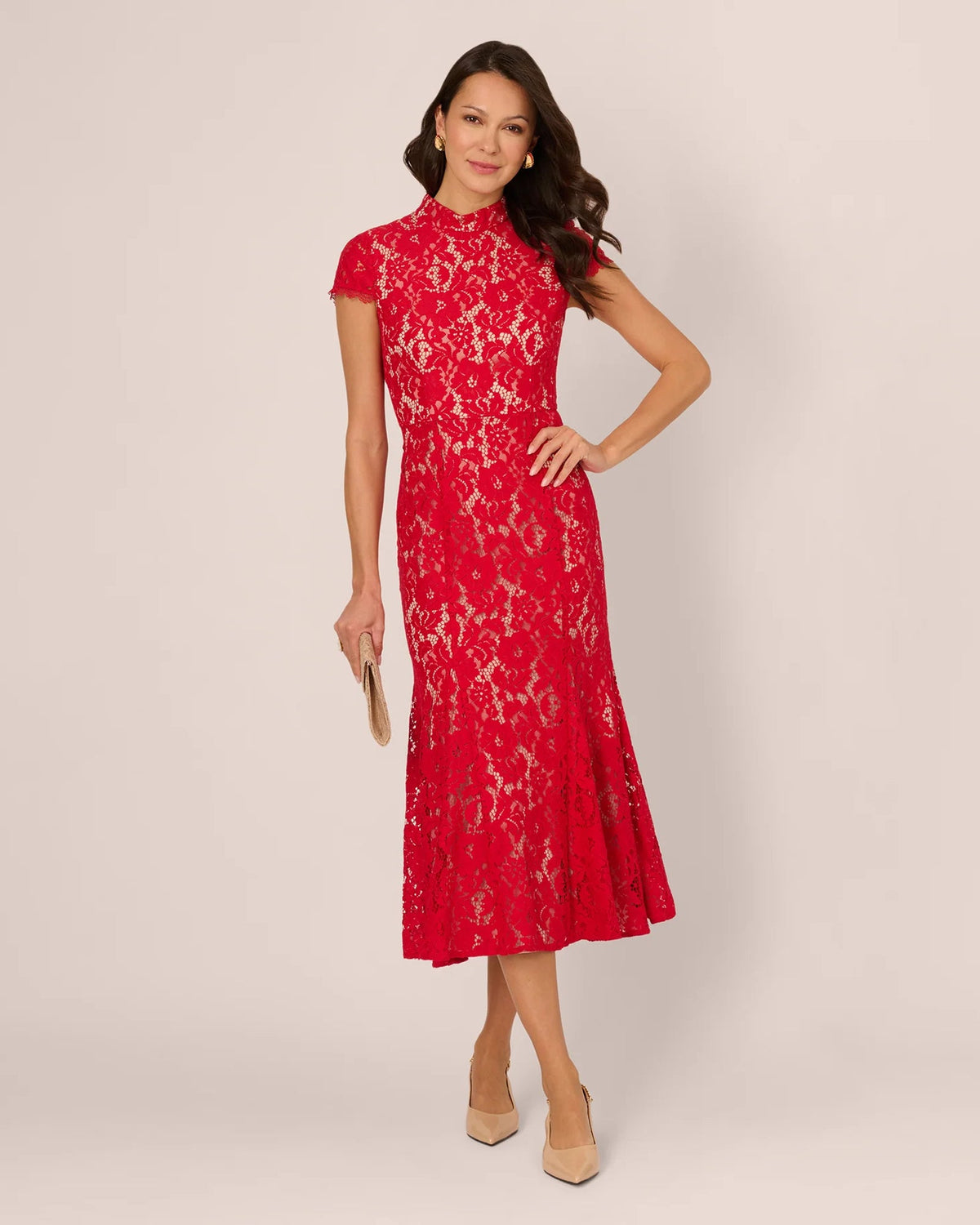 Red lace cap-sleeve A-line midi dress with high neckline and allover floral lace
