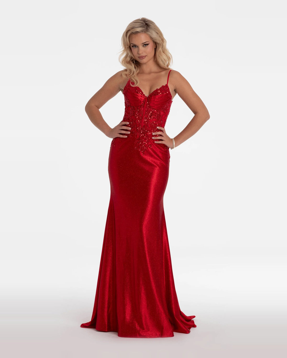 Red sweetheart corset trumpet maxi prom dress with fitted mermaid silhouette and sequin accents