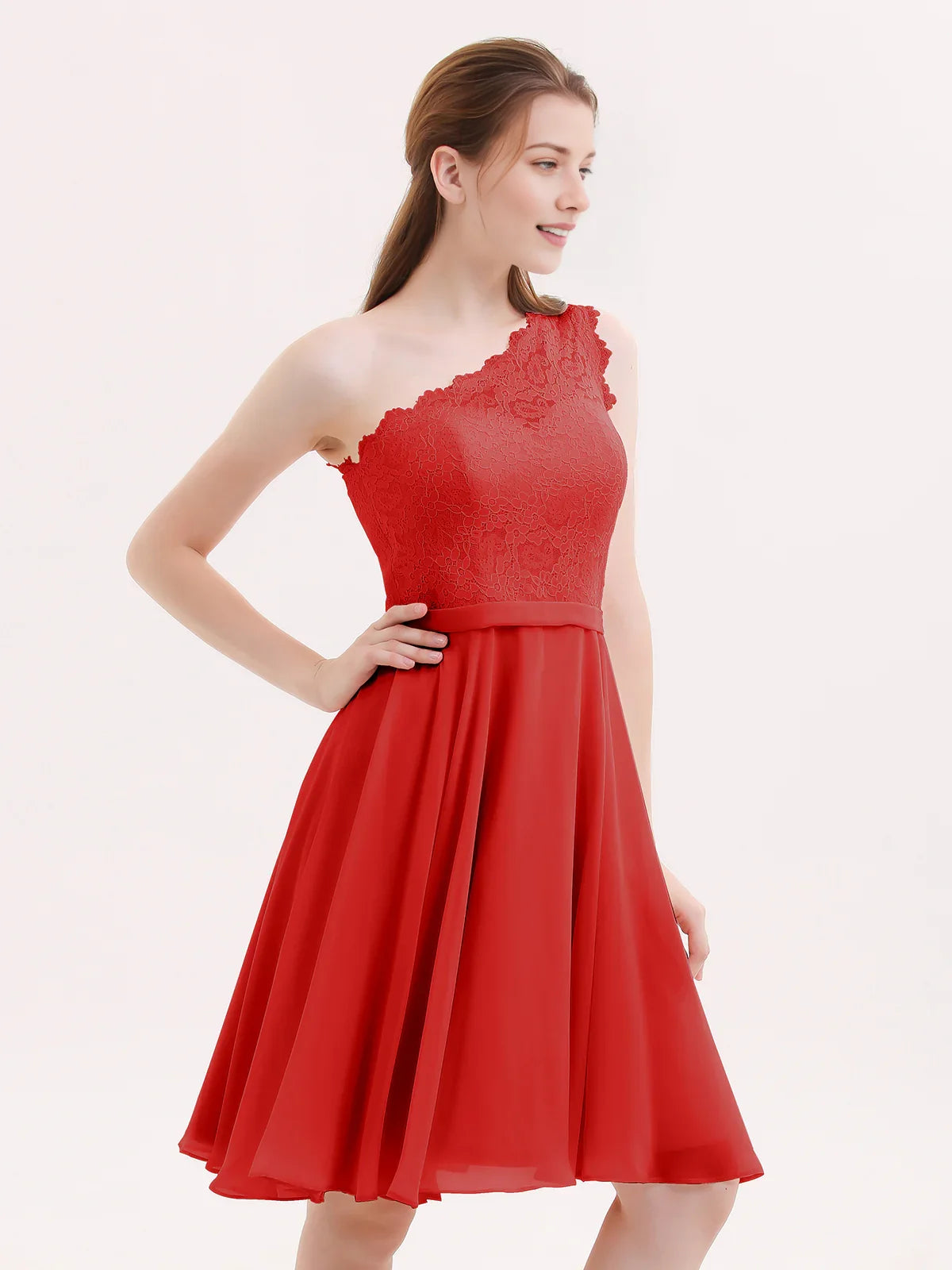 Red one-shoulder A-line short chiffon homecoming dress with lace bodice
