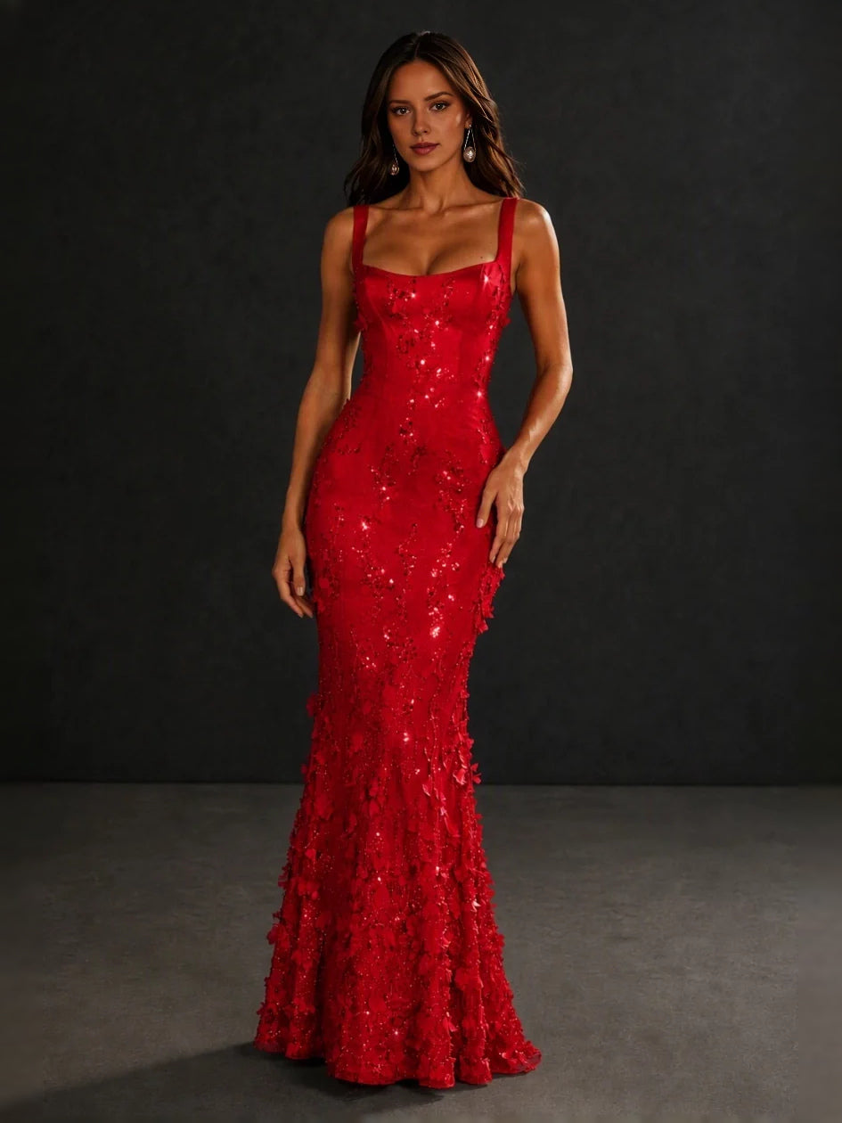 Red floral square-neck corset mermaid prom dress with thin straps and applique detail