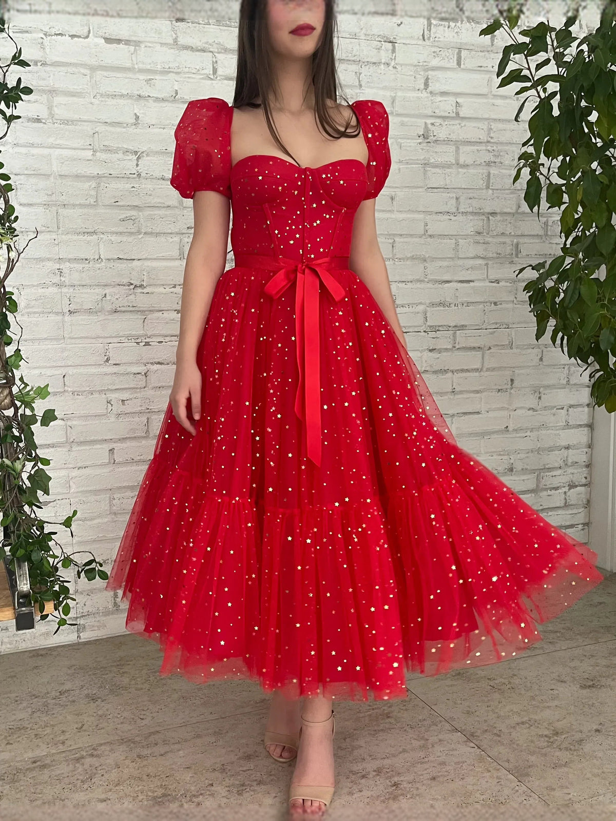Red sweetheart corset midi prom dress with puff sleeves and sparkly tulle A-line skirt