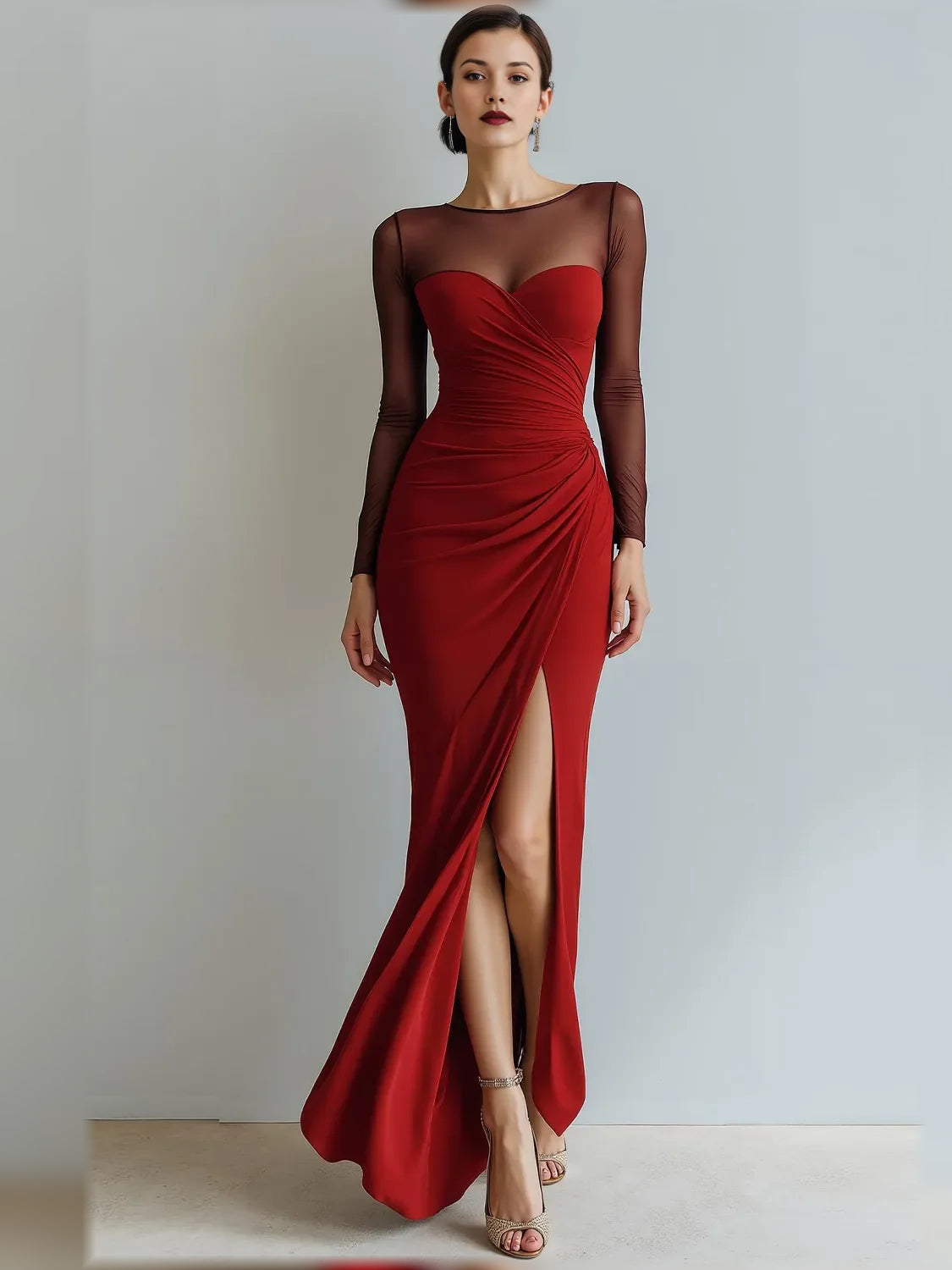 Burgundy sweetheart long-sleeve formal dress with ruched bodice and side slit skirt