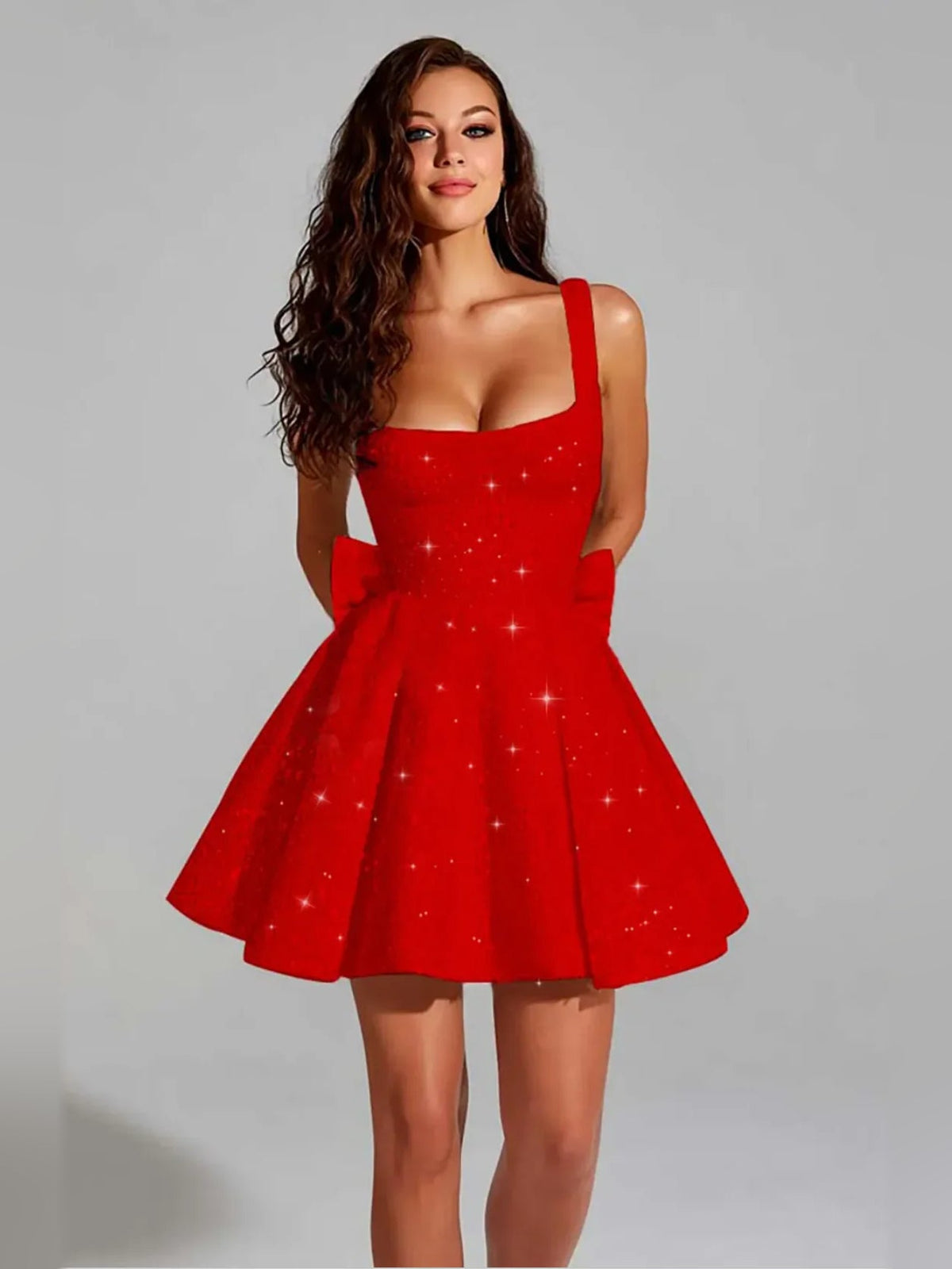 Red sequin square-neck A-line mini dress with flared skirt