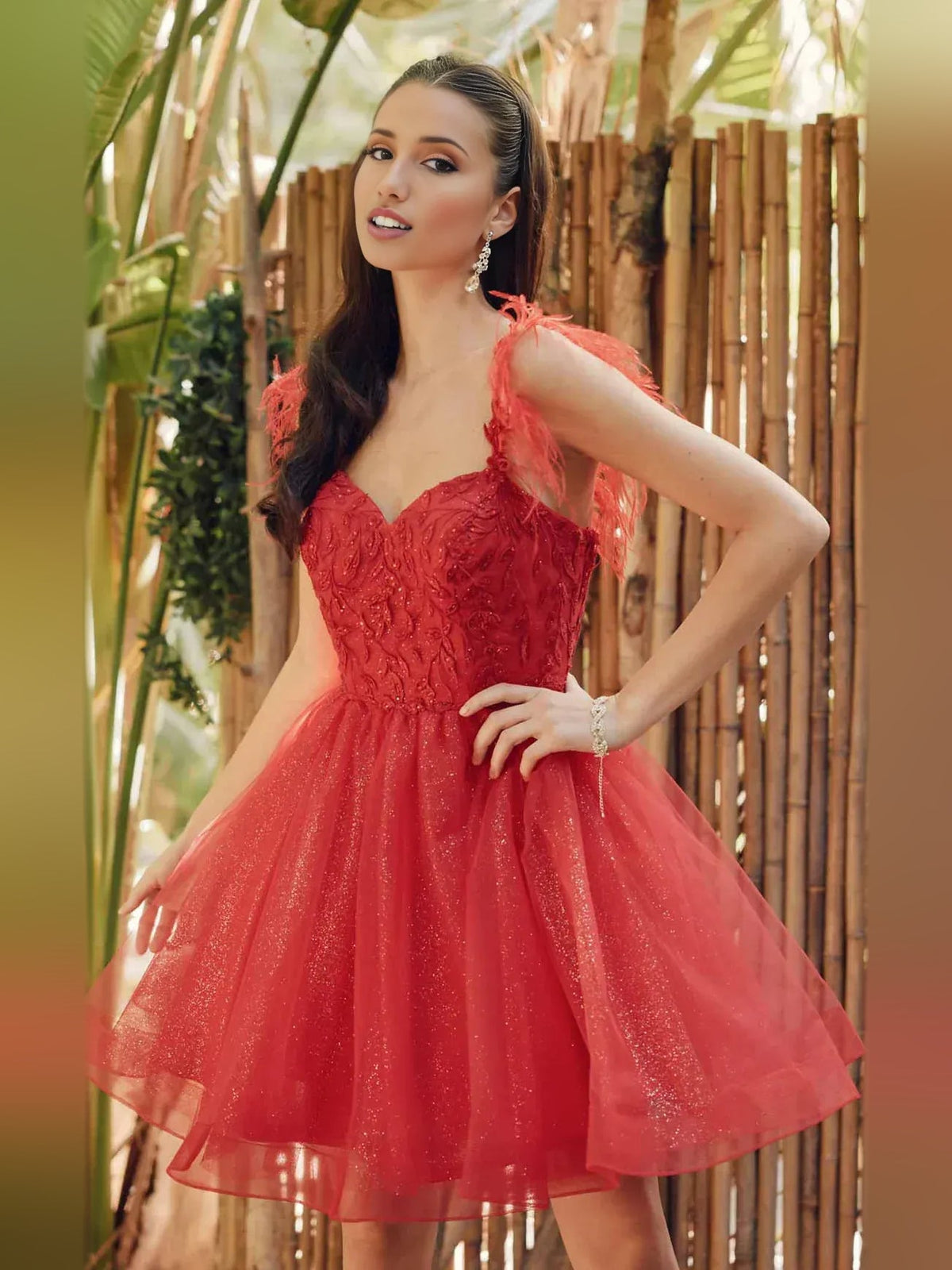 Red sweetheart A-line mini tulle dress with glitter lace bodice and full tulle skirt