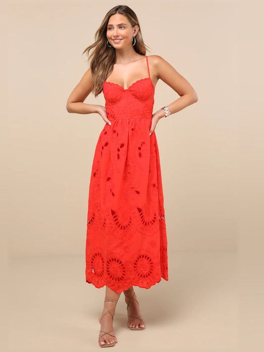Red embroidered bustier midi dress standing front view with lace cutout pattern and hem