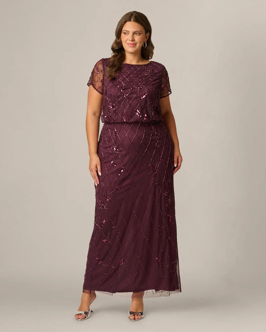 Front view: dark plum maxi A-line dress with sequined net, cap sleeves, round neck