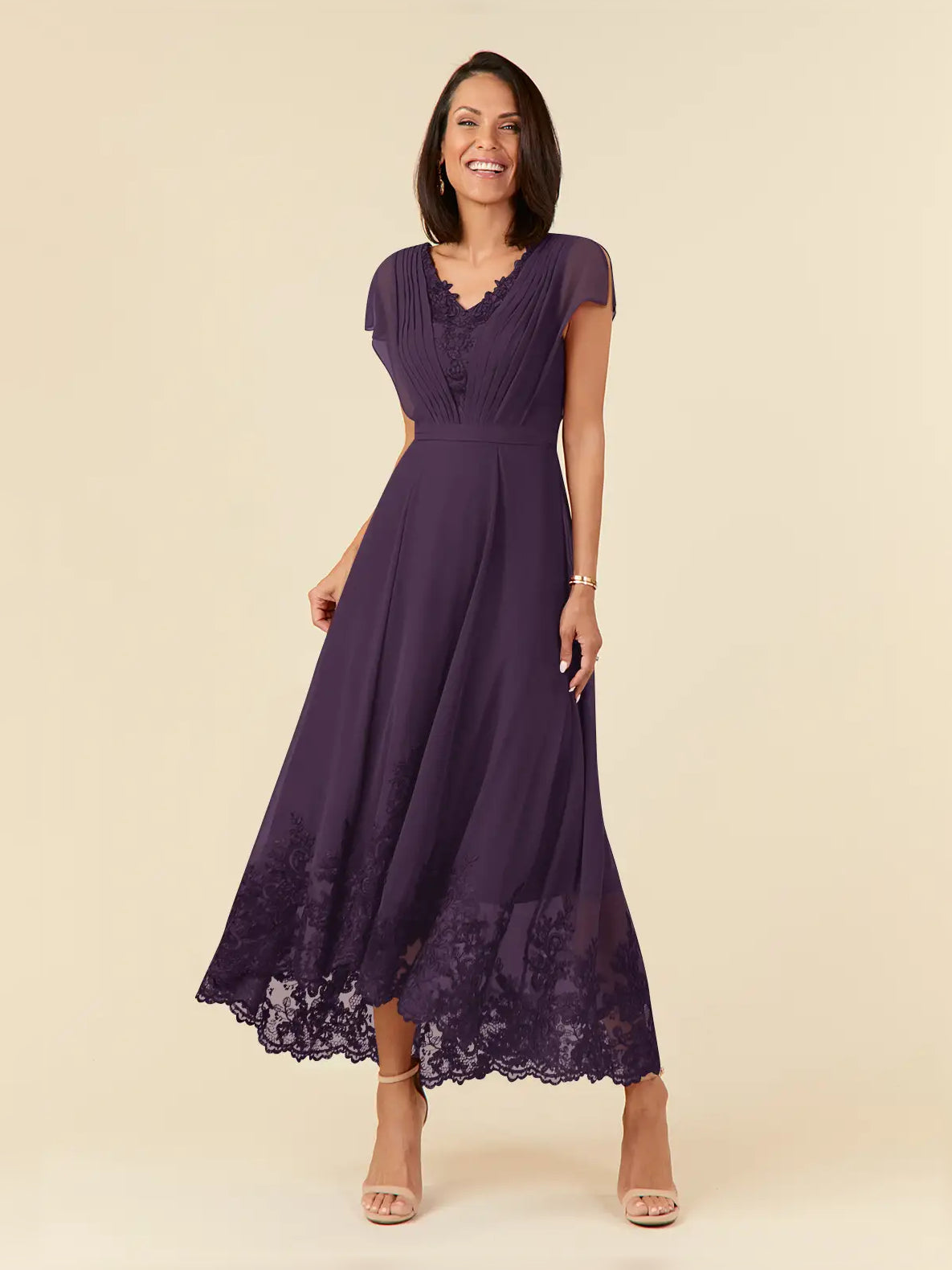 Plum pleated chiffon midi dress with V-neck, short sleeves, A-line skirt, lace hem